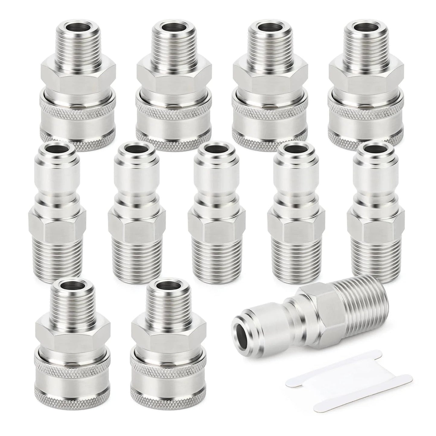12 Piece 304 Stainless Steel Pressure Washer Adapter Kit With Quick Connect Fittings Three Eighths Inch NPT Male For Quick Connection Of Hoses Pumps Ball Valves Expansion Tubes And Surface Cleaners Up To 5000 PSI