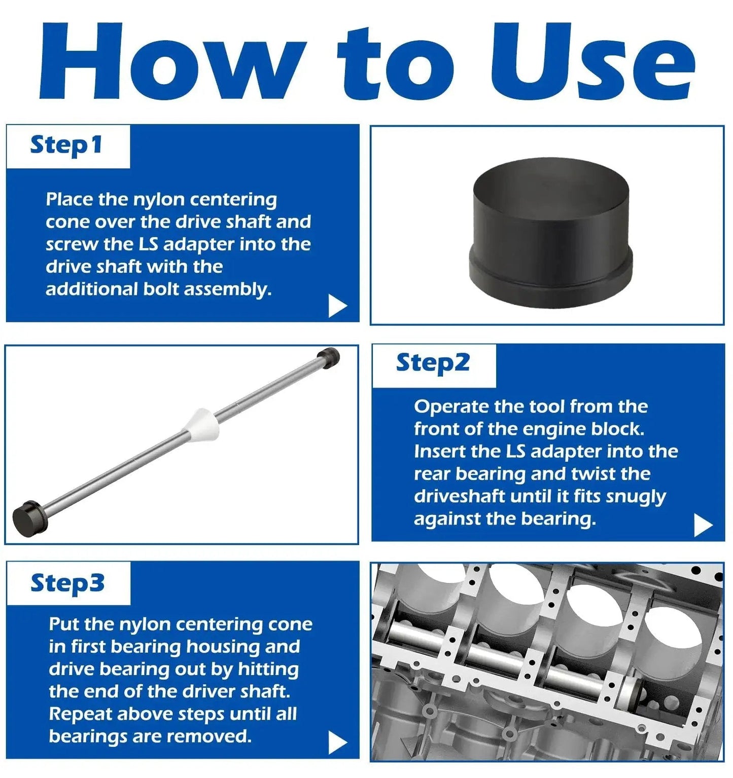 Step-by-step guide on using Cam Bearing Installation Tool with storage box for LS engine compatibility including nylon centering cone