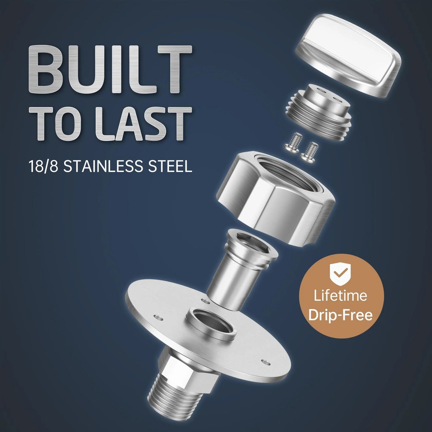 All Metal RV Water Inlet Connection With Check Valve For Camper Trailer Marine And Boat Built Tough In 18 8 Stainless Steel City Water Inlet Replacement With Leak Proof Brushed Finish By KES shown in exploded view showcasing components.