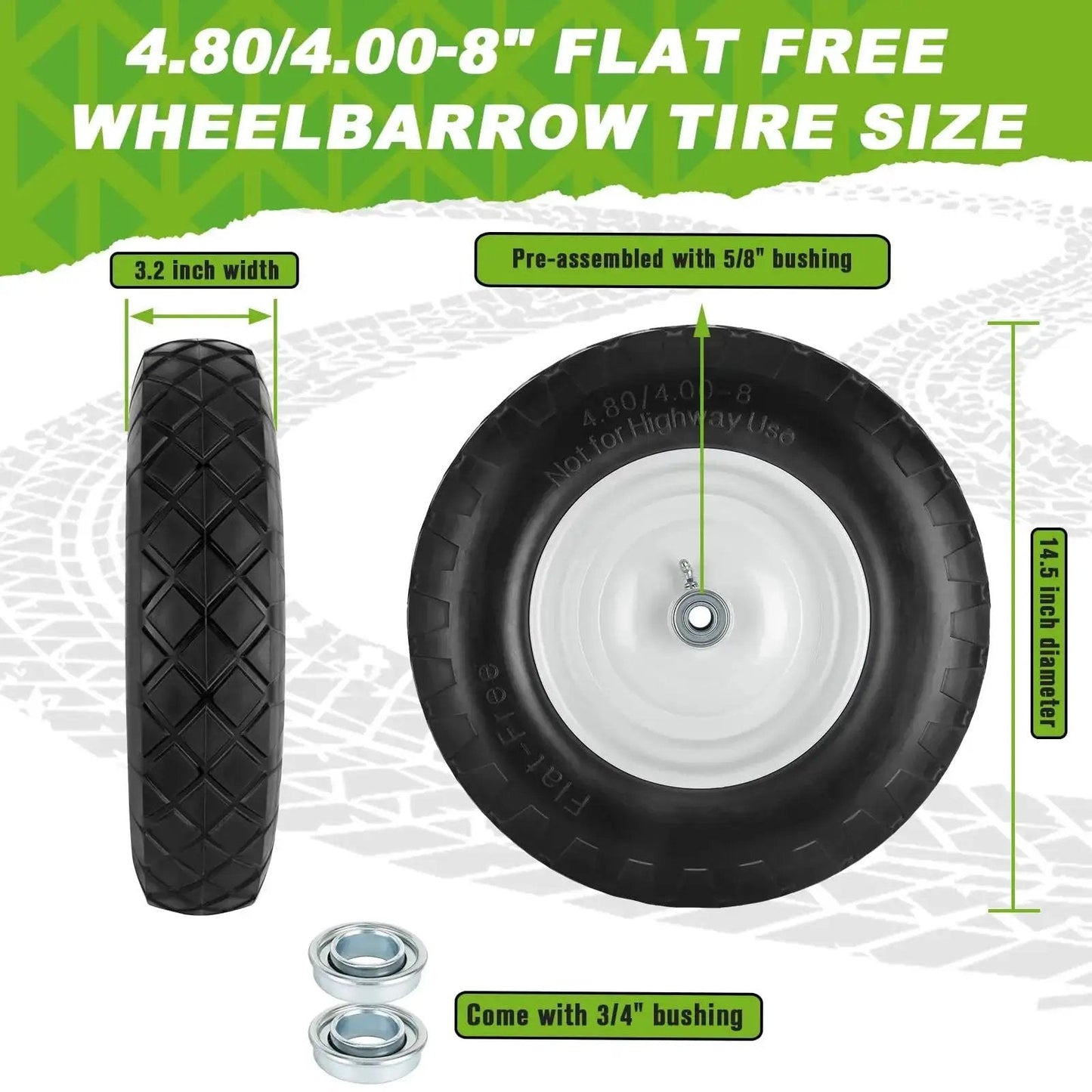 Front and side view of 4.80 4.00 8 Flat Free Wheel And Tire For Wheelbarrows 16 Inch Solid Wheel Heavy Duty adjustable spacers visible