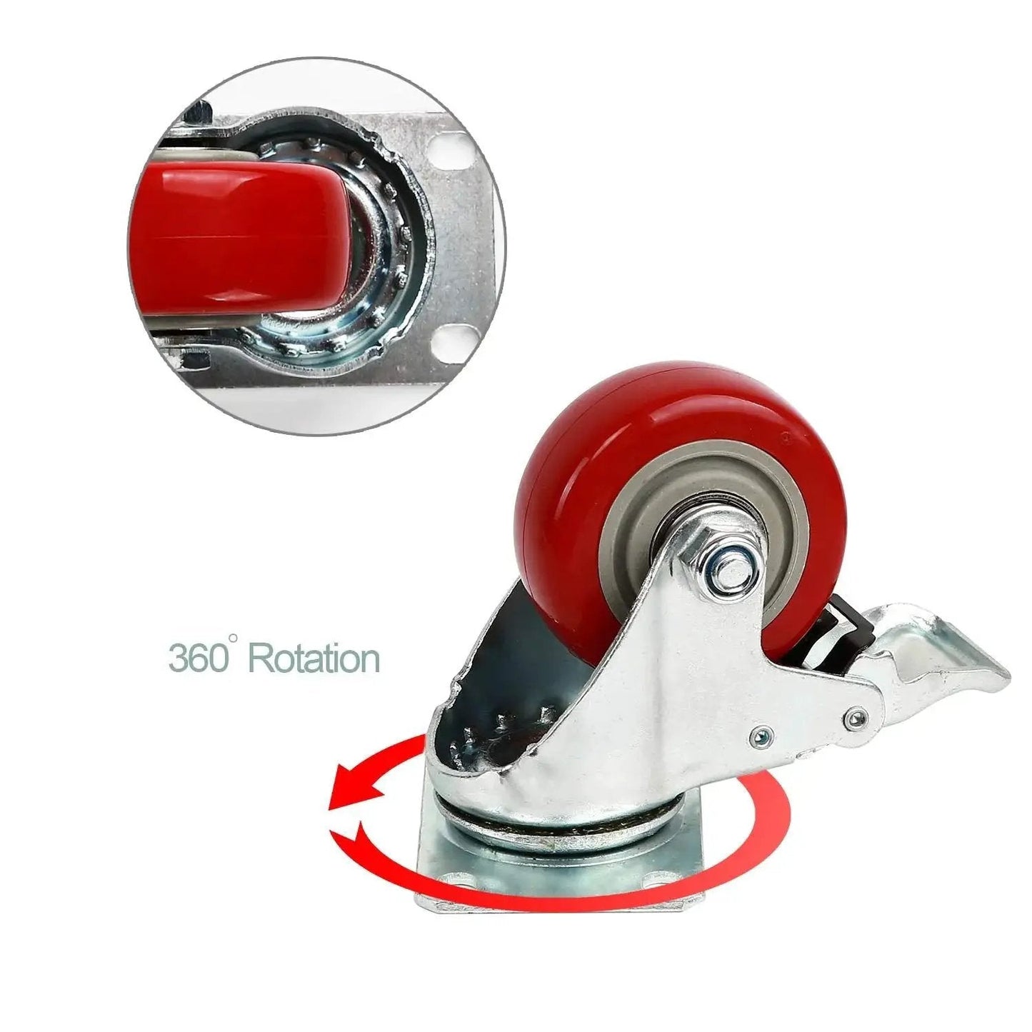 Close-up of Heavy Duty Three Inch Fixed Caster Wheel with Polyurethane caster and metal chassis, featuring 360-degree rotation and brakes.