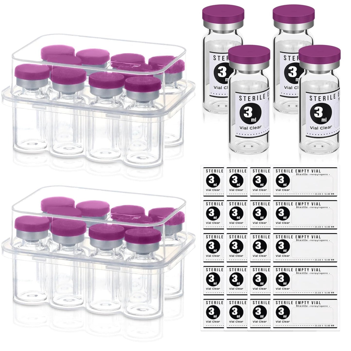 20 Pack 3Ml Sealed Sterile Empty Vials With Self Healing Injection Port Glass Penicillin Bottle And 20 Purple Label Stickers For Medical Prep At Home Or Lab Use
