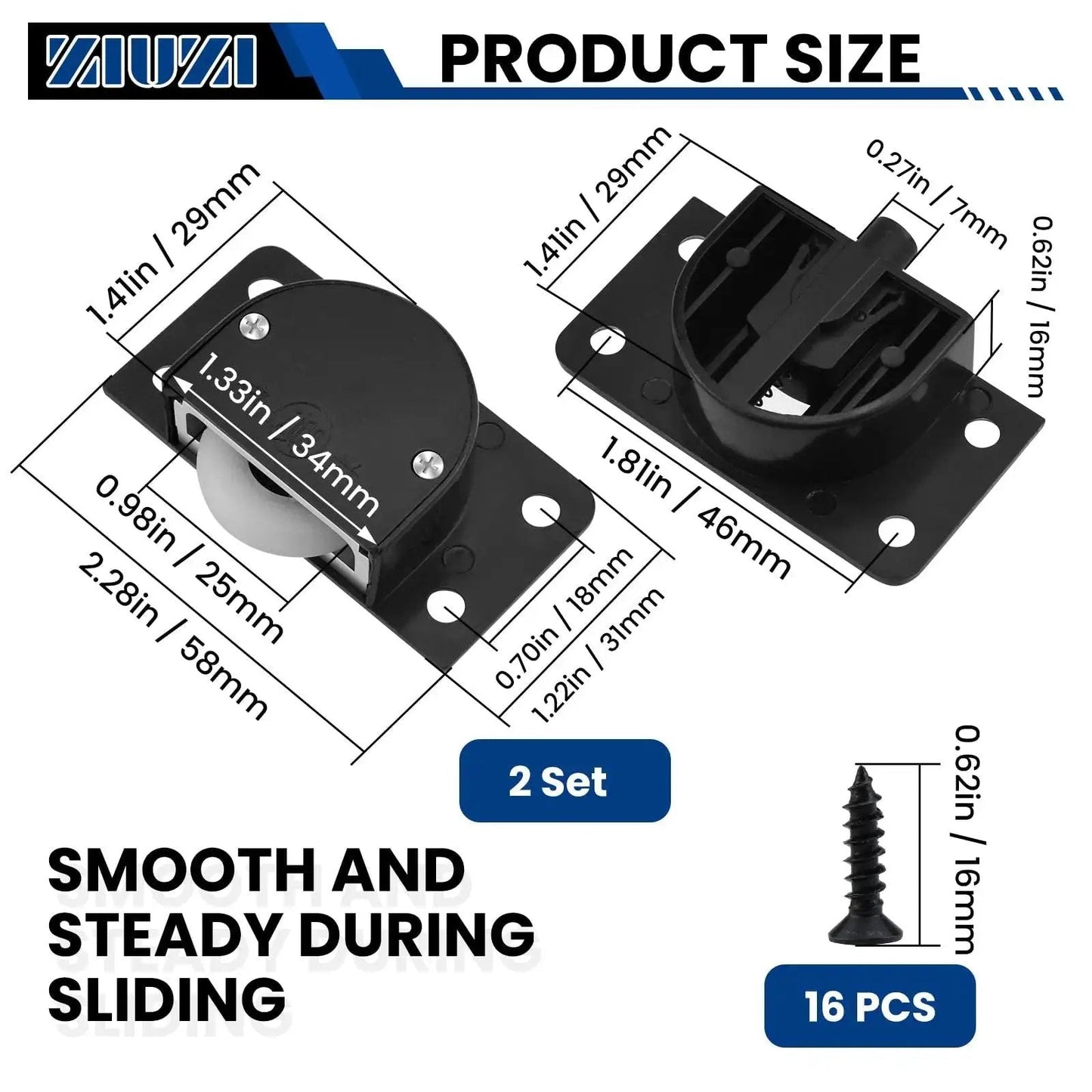 Cabinet Door Sliding Silent Plastic Roller Pulleys Set For Closet And Wardrobe Doors with measurements and screws included.