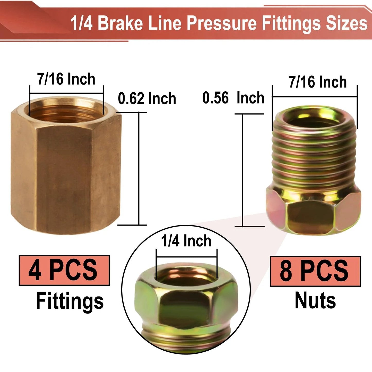 Brass Brake Line Fittings Kit for One Quarter Inch Tubing With Seven Sixteenths Inch Twenty Four Threads Twelve Piece Assortment Including Four Unions And Eight Nuts Pro Grade Rust Resistant High Quality Auto DIY Essential For Brake Line Installations, showing fittings and nuts with dimensions.
