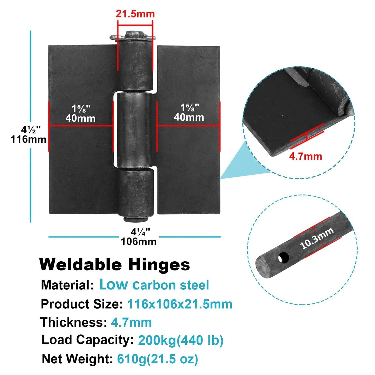 Heavy Duty Weld On Gate Hinges 4 Pack, Four And A Half Inch By Four And A Quarter Inch, Three Sixteenth Inch Thick Metal Door Hinges For Trailer Ramp Garage, 440 Lb Per Pair, 285 Degree Rotation With Removable Pin By Mountain Ark displayed with measurements and material details.
