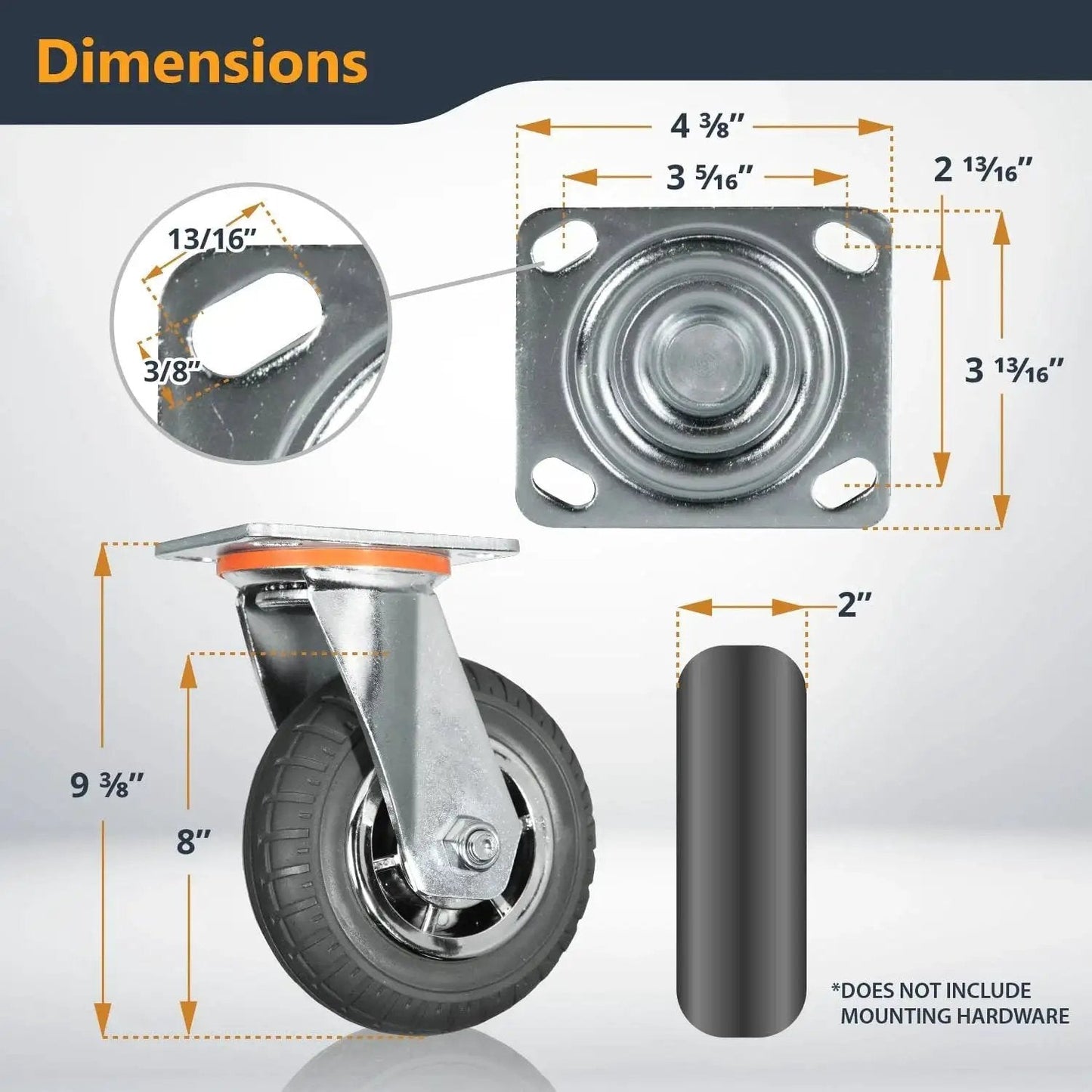 Dimensions of 8-Inch Heavy Duty Caster Wheels Set Of 4 With Dual Locking Brakes Non-Pneumatic Polypropylene Tire All Terrain