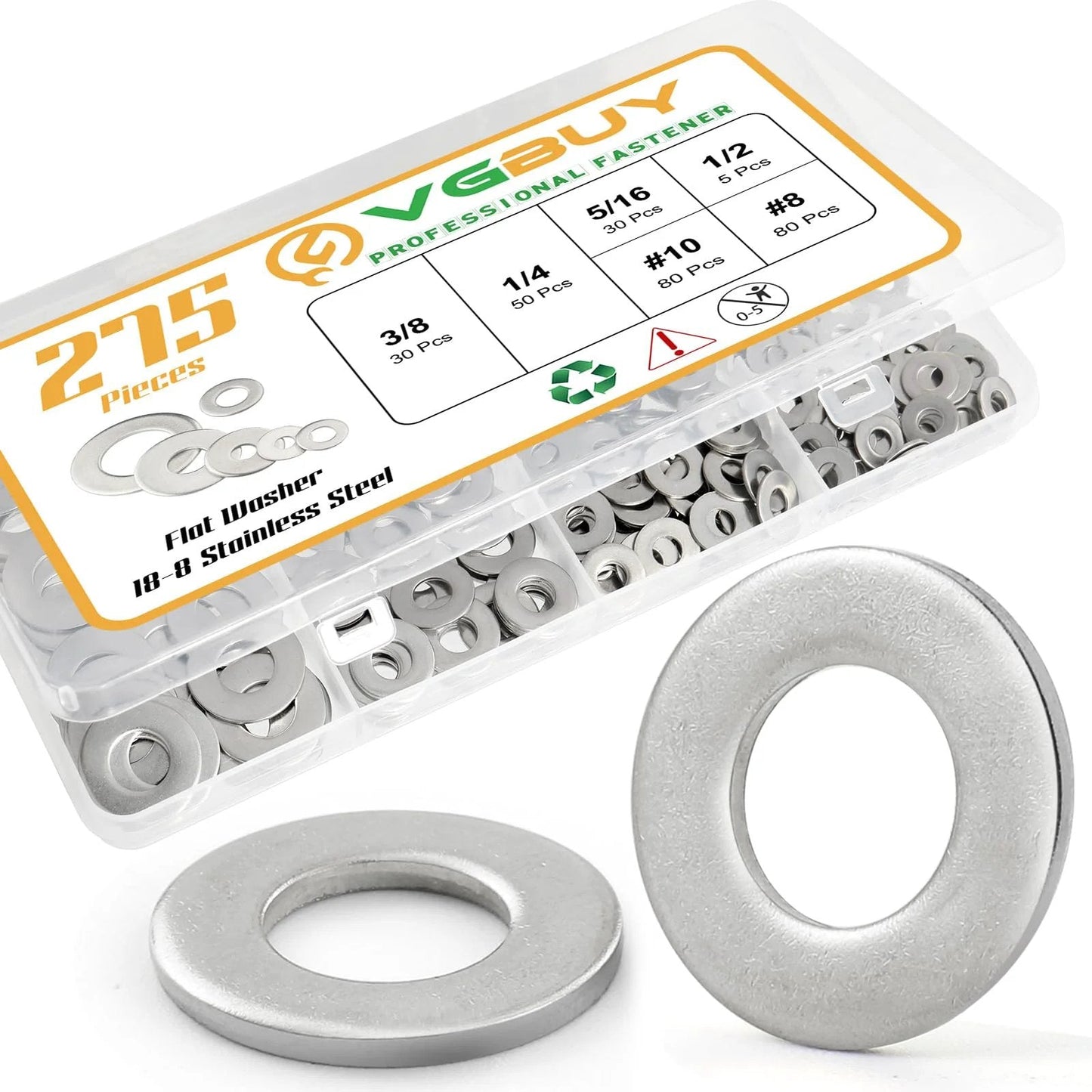 275 Piece Stainless Steel Flat Washer Kit With 304 Grade Heavy Duty DIY Ready Assortment For Screws And Bolts No 8 No 10 One Quarter Inch Five Sixteenth Inch Three Eighth Inch One Half Inch Wide Variety Of Sizes