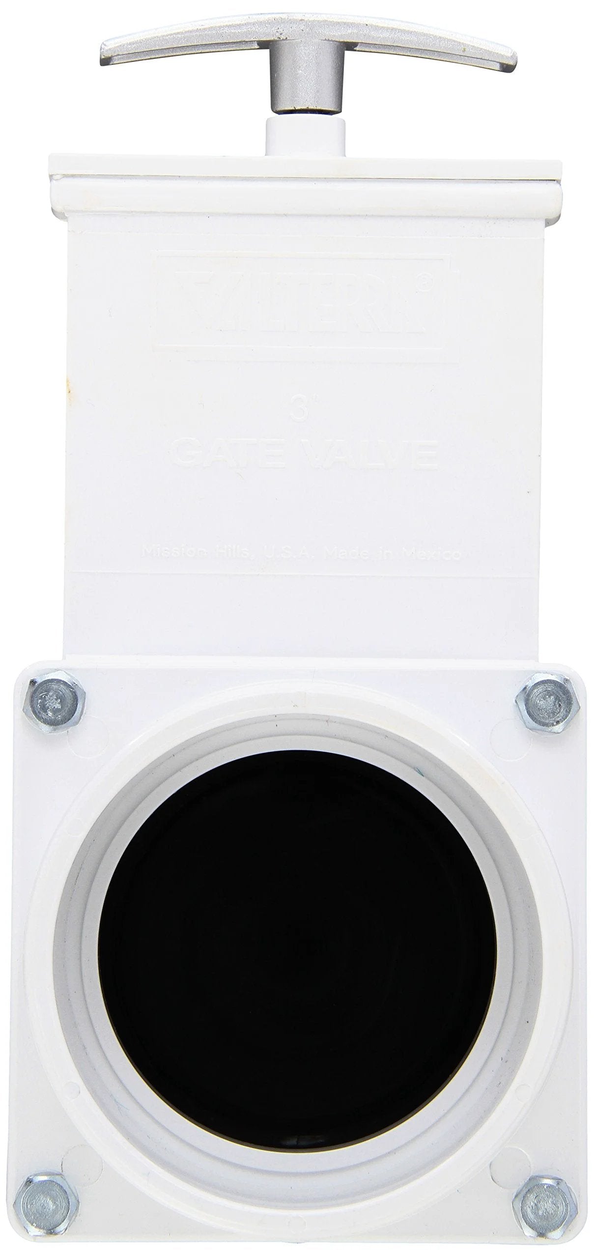 Front view of PVC Gate Valve 3 Inch Slip With Metal Handle In Black For Quick Shut Off, Unrestricted Flow, Easy Push Pull Operation.