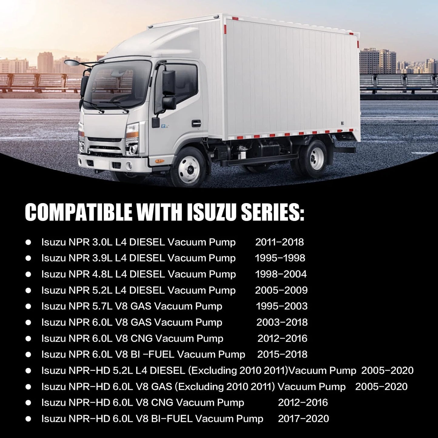 Beefed Up Vacuum Pump With Pulley For Isuzu NPR HD Trucks 1995-2020; truck compatibility chart displayed.