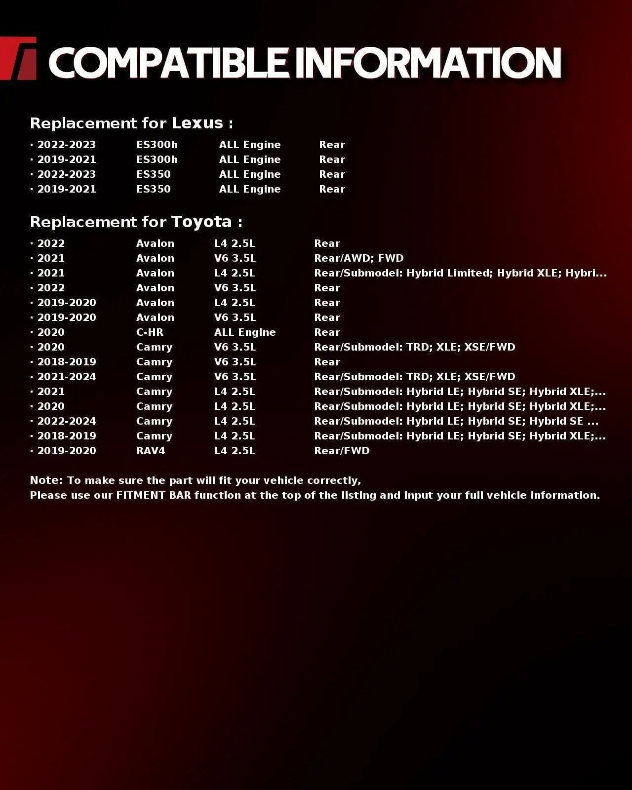 Compatibility chart for Two Pack Rear Wheel Bearing and Hub Assembly 512644 for Lexus ES350 ES300h and Toyota models.