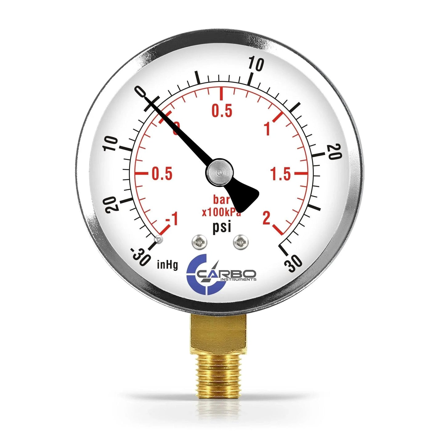 2-1/2 Inch Dry Dial Pressure Gauge With Chrome Plated Steel Case For Vacuum To -30 Hg And 0-30 Psi Lower Mount 1 Quarter Inch NPT Dual Scale Psi Bar With KPa Guidance ASME B40.1 Grade B Accuracy For HVAC Hydraulics Compressors Gases And Liquids