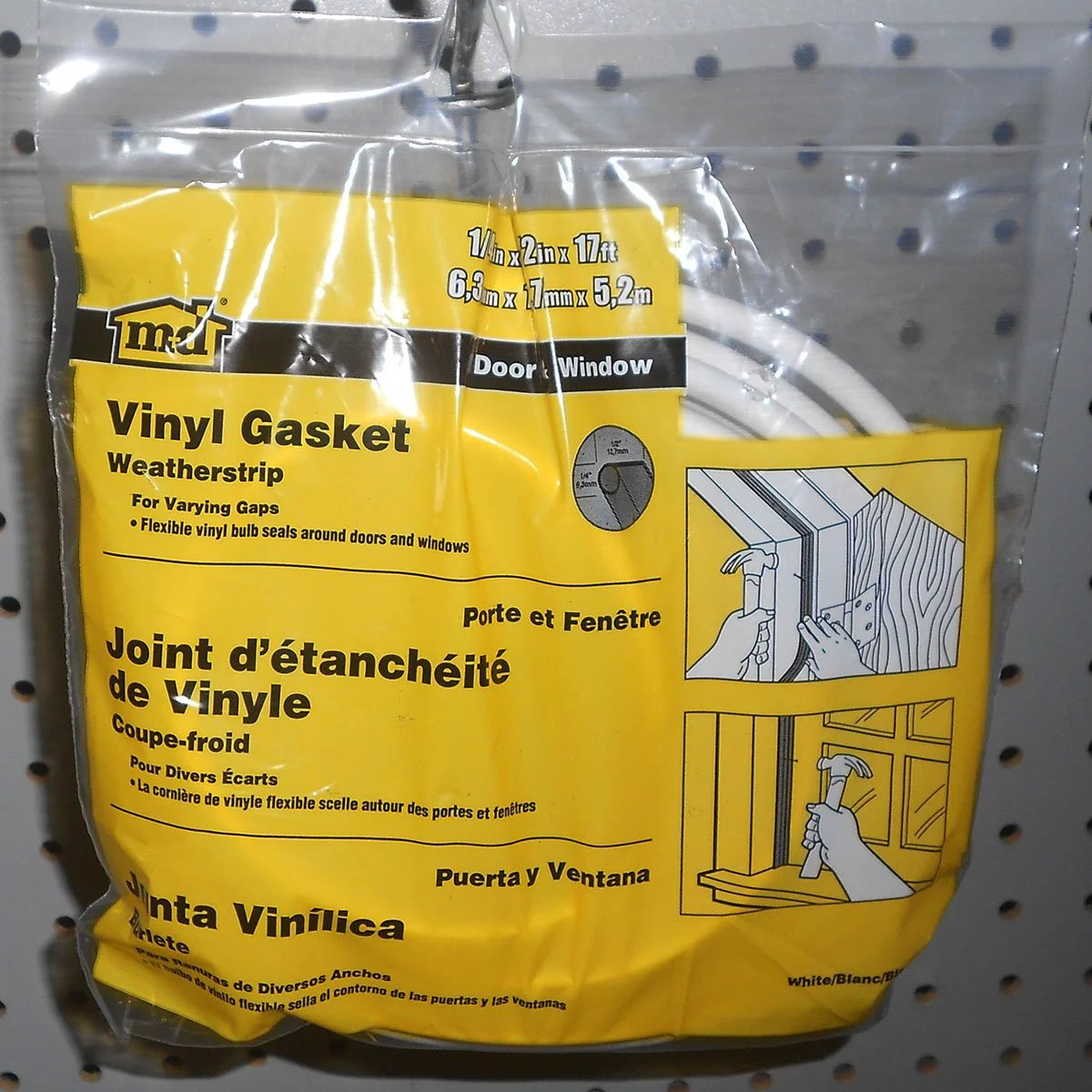 Packaged White Vinyl Gasket Weatherseal for Doors and Windows Seventeen Foot Long One Half Inch Wide and One Quarter Inch Tall