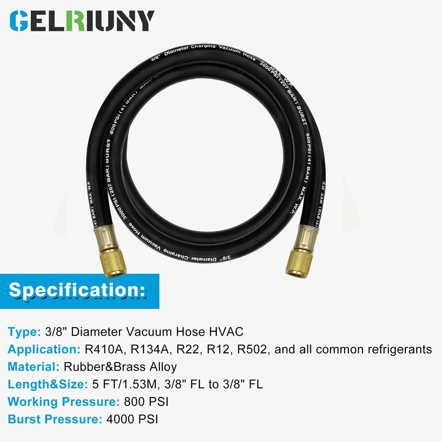 Upgraded 15660 Three Eighths Inch Heavy Duty Vacuum Hose For HVAC Systems Five Feet Long Includes Three Eighths Inch Fittings