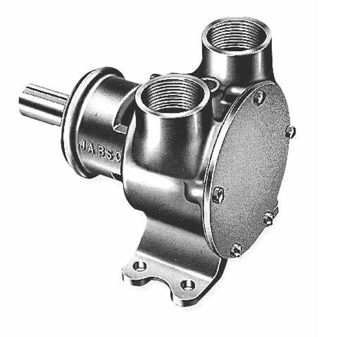 7420-1001 Marine Pulley Driven Flexible Impeller Pedestal Mount Pump, bronze, showing front vertical port and mounting base