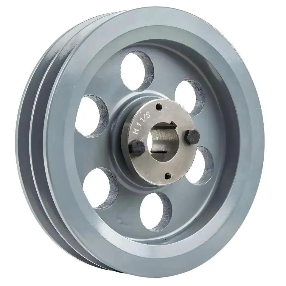 Efficient 7.75 inch dual groove cast iron pulley with a 1-1/8 inch bushing, shown in a side view, featuring two piece construction.
