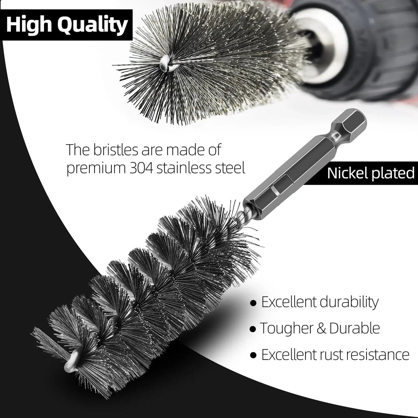 Close-up of 12 Piece Stainless Steel Bore Brush Set For Drill with 1/4 Inch Hex Shank showing metal bristles and hex connection.