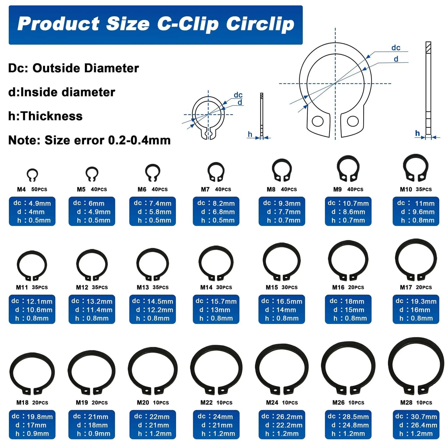 Diagram of Pro Grade External Retaining Rings Kit With 580 Pcs Circlip Snap Ring Set For Bearings M4 To M28 in black alloy steel.