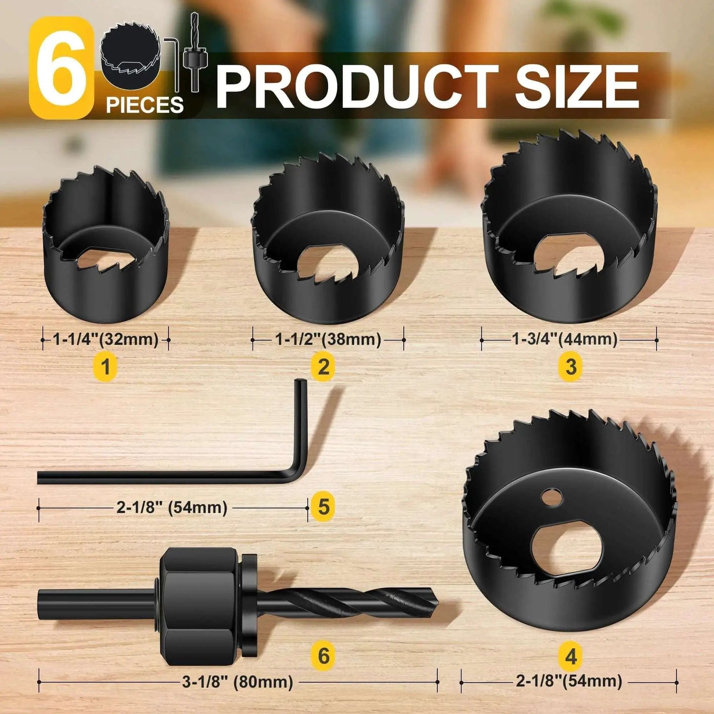 Six Piece Hole Saw Kit with Four Sizes from 1 1/4 Inch to 2 1/8 Inch includes Mandrels and Hex Key built from hardened carbon steel