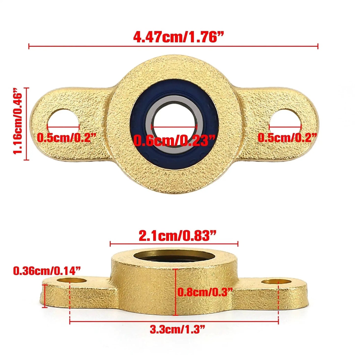 Four Pack Pillow Block Bearing for Six Millimeter Shaft With One Quarter Inch Bore And Two Bolt Flange Self Aligning Cast Iron Housing Set Screw Locking Style Durable Copper Bearing Material for Tough Built to Last Performance and Easy Maintenance. Image shows detailed front and side view with dimensions.