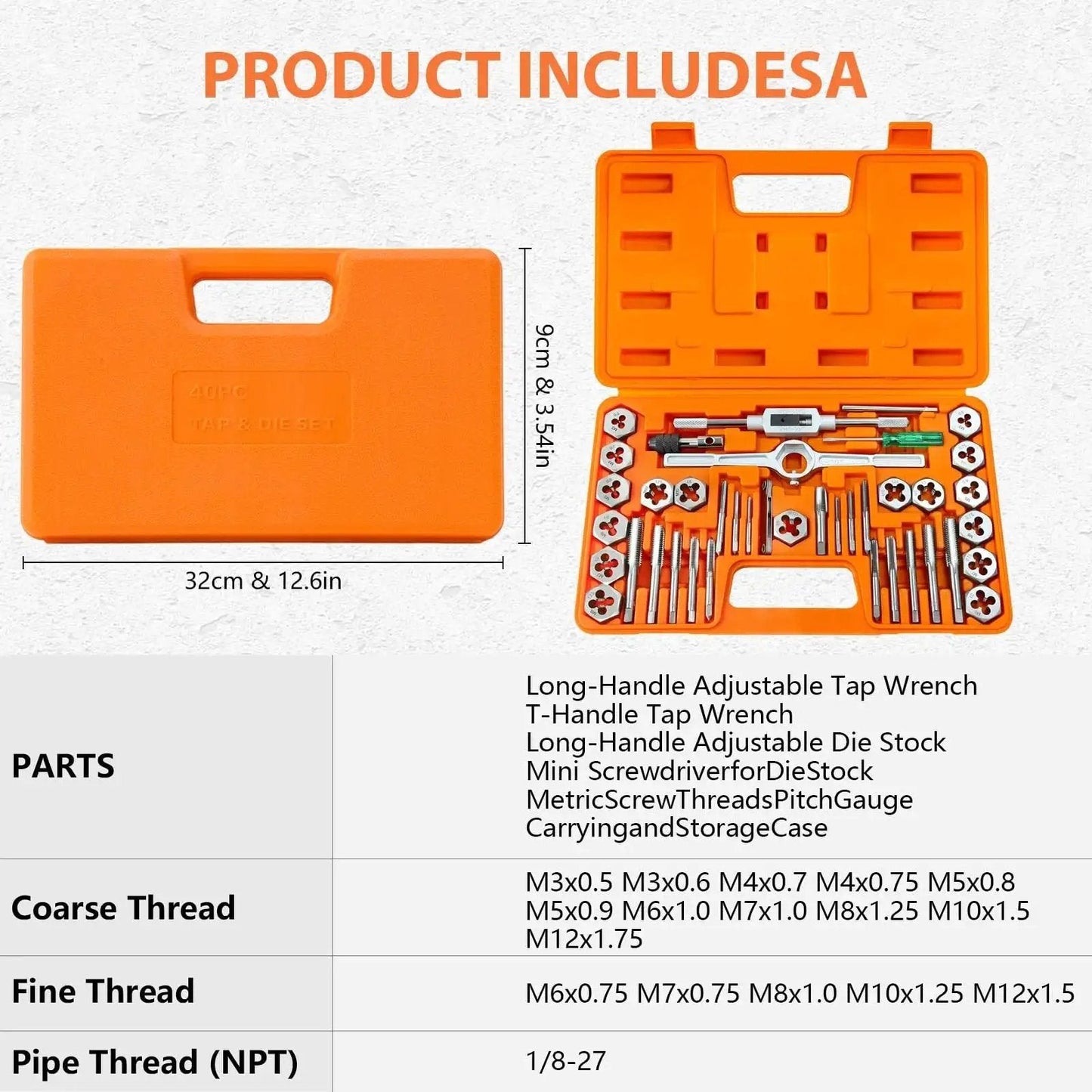 40 Piece Metric Tap And Die Set With Coarse And Fine Threads M3 Through M12 Includes Handles Accessories And Case Pro Grade GCr15 Bearing Steel And Precision CNC Machined Teeth For Reliable Thread Repair And Maintenance in orange case on white background showing dimensions and parts list.