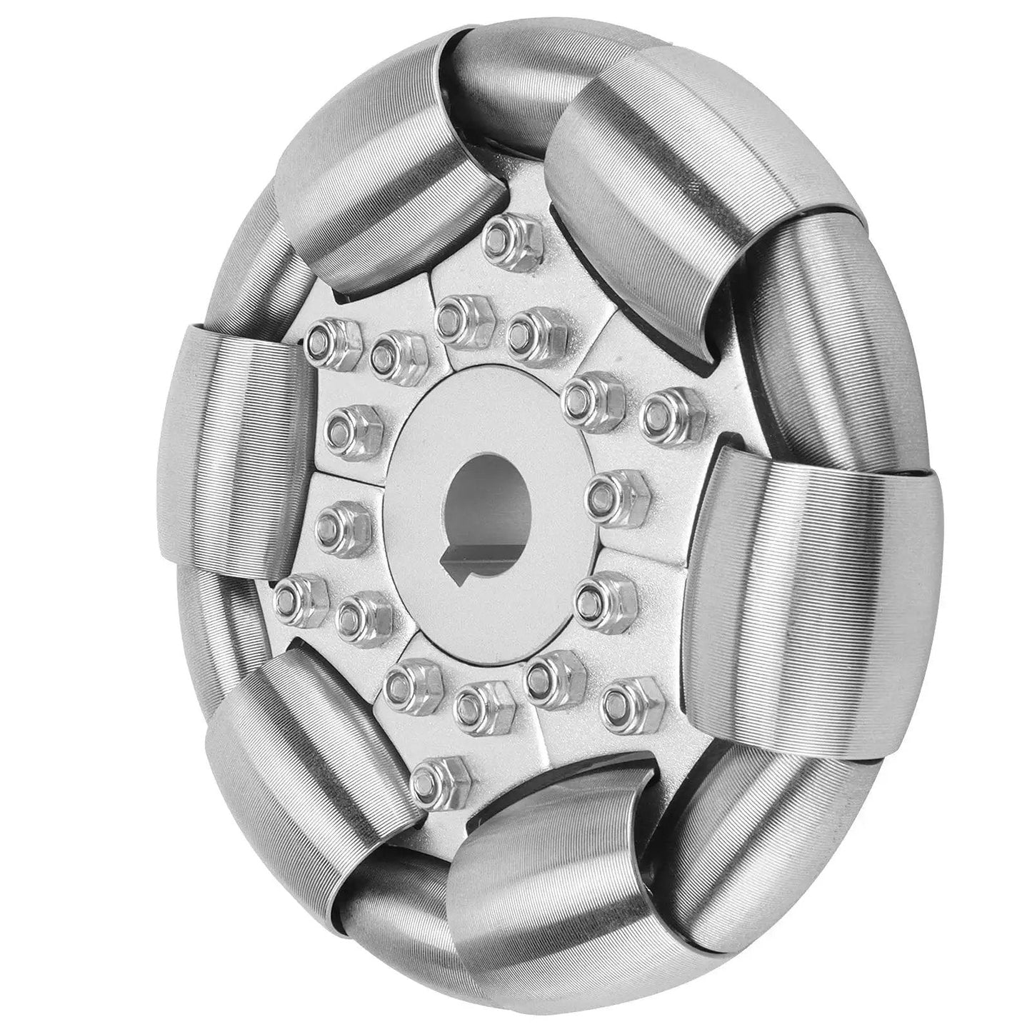100mm Stainless Steel Omnidirectional Wheel for robotics and ballbots, showing multiple bearings and rollers for smooth movement.