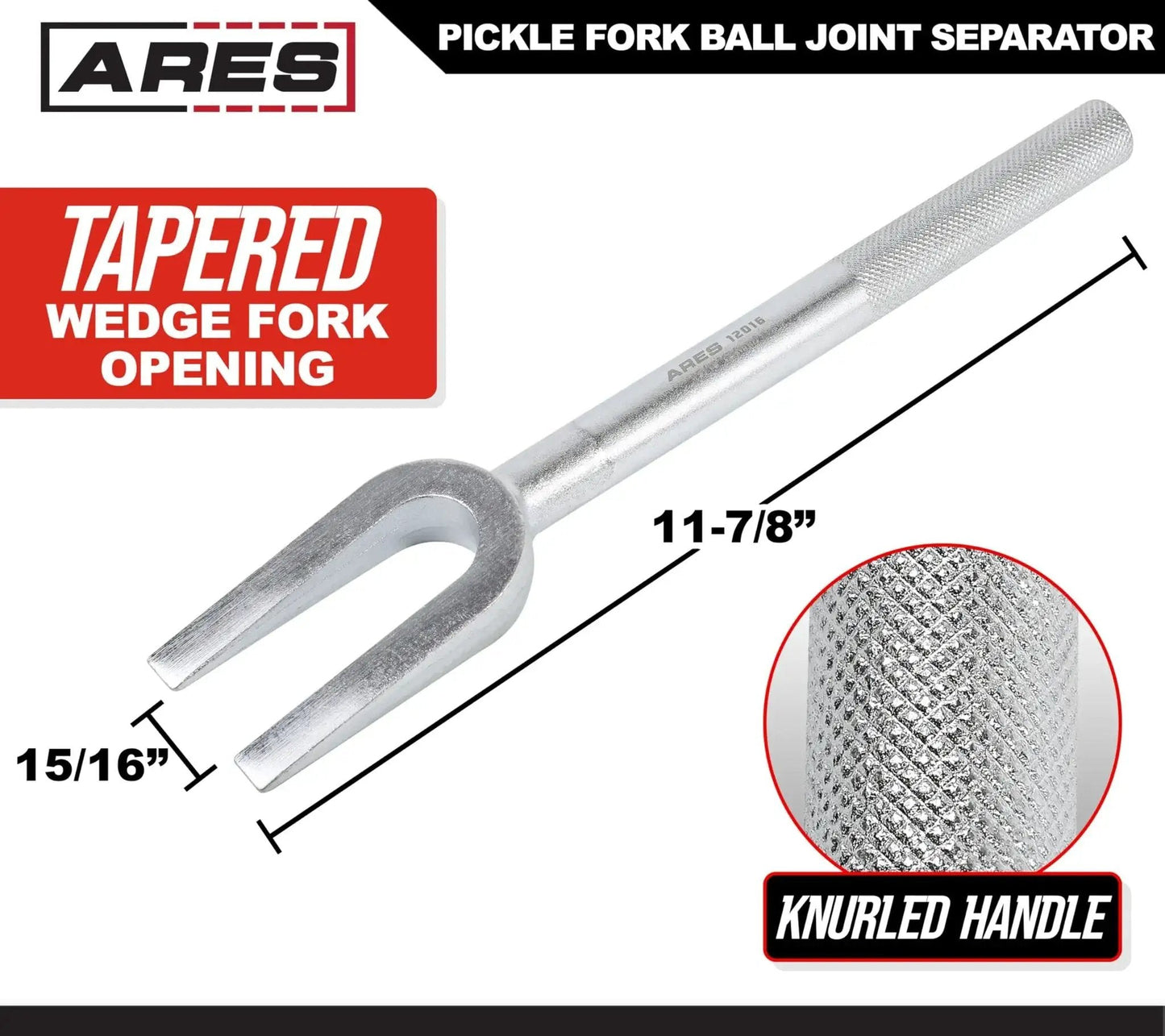 Ball Joint Separator Pickle Fork 15/16 Inch Tapered Fork With Knurled Handle, 11-7/8 inch length, knurled grip detail.