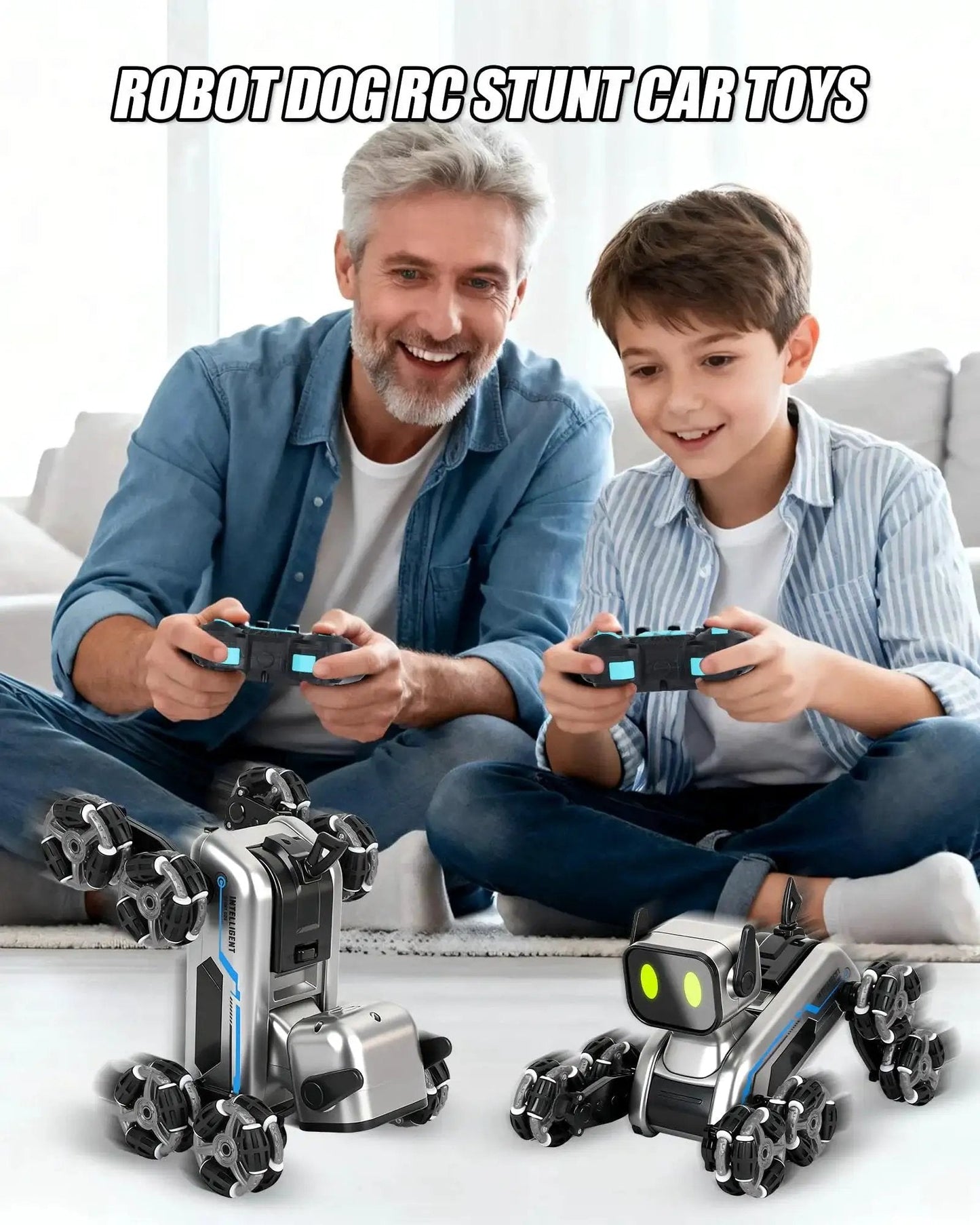Father and son playing with Interactive Robot Dog RC Stunt Car With Gesture Sensing And 2 4Ghz Remote Mecanum Wheels indoors.