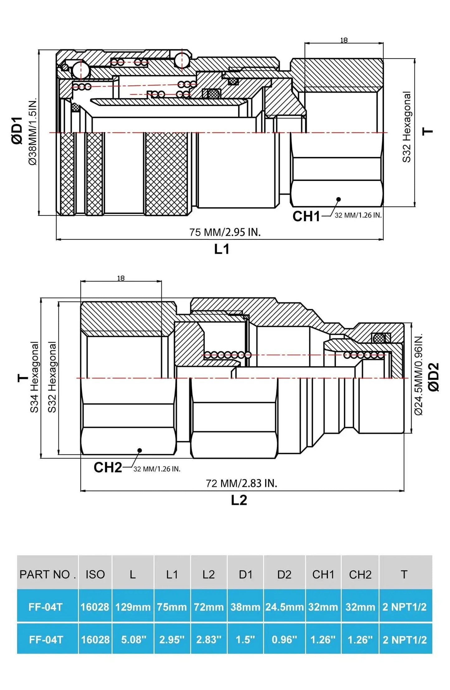Technical diagram of Flat Face Hydraulic Quick Connect Couplers Set With Dust Caps One Half Inch NPT ISO 16028 Standard for Skid Steer Bobcat.