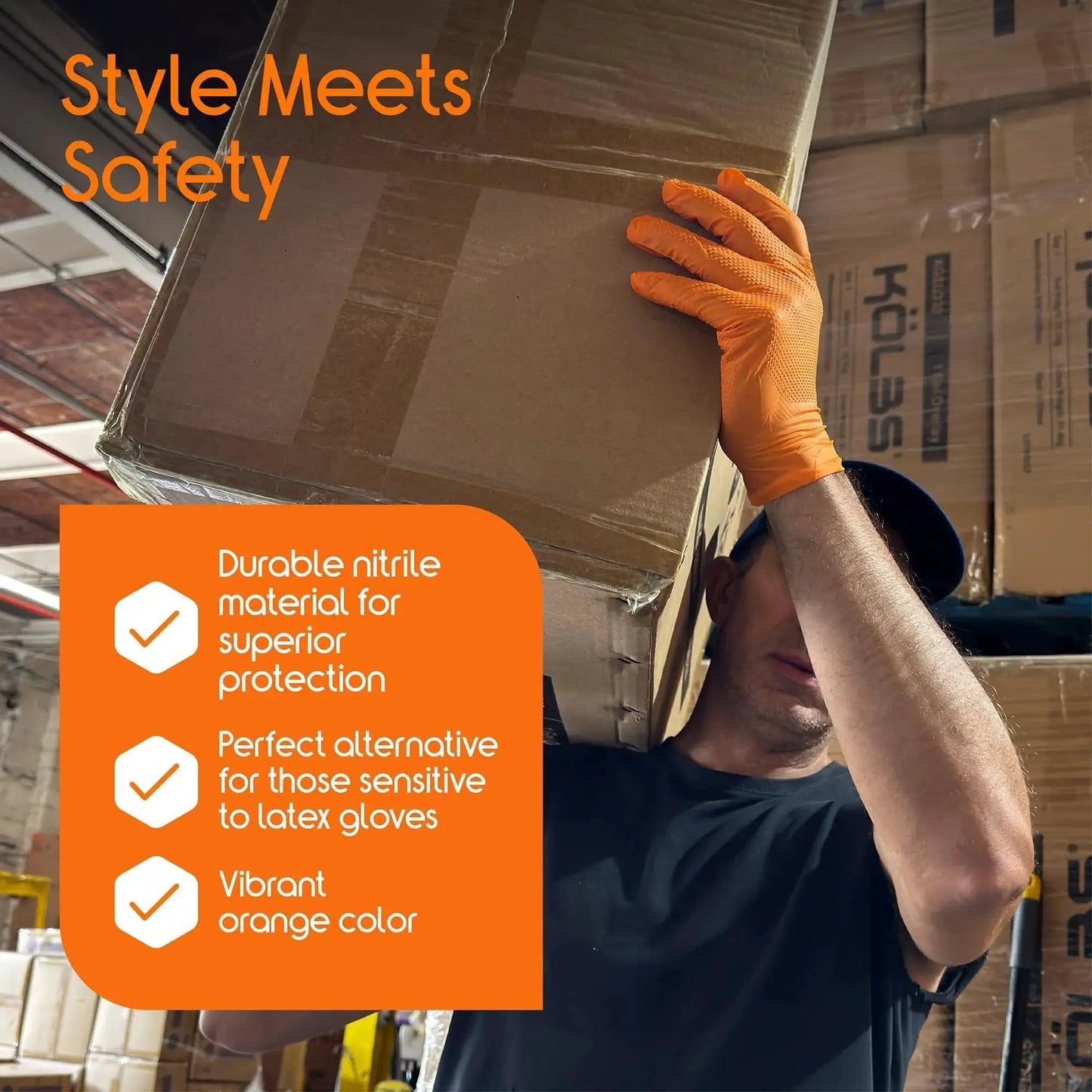 Worker lifting box wearing Orange Nitrile Gloves 8 Mil Heavy Duty Diamond Textured Grip Large 100 Count in warehouse