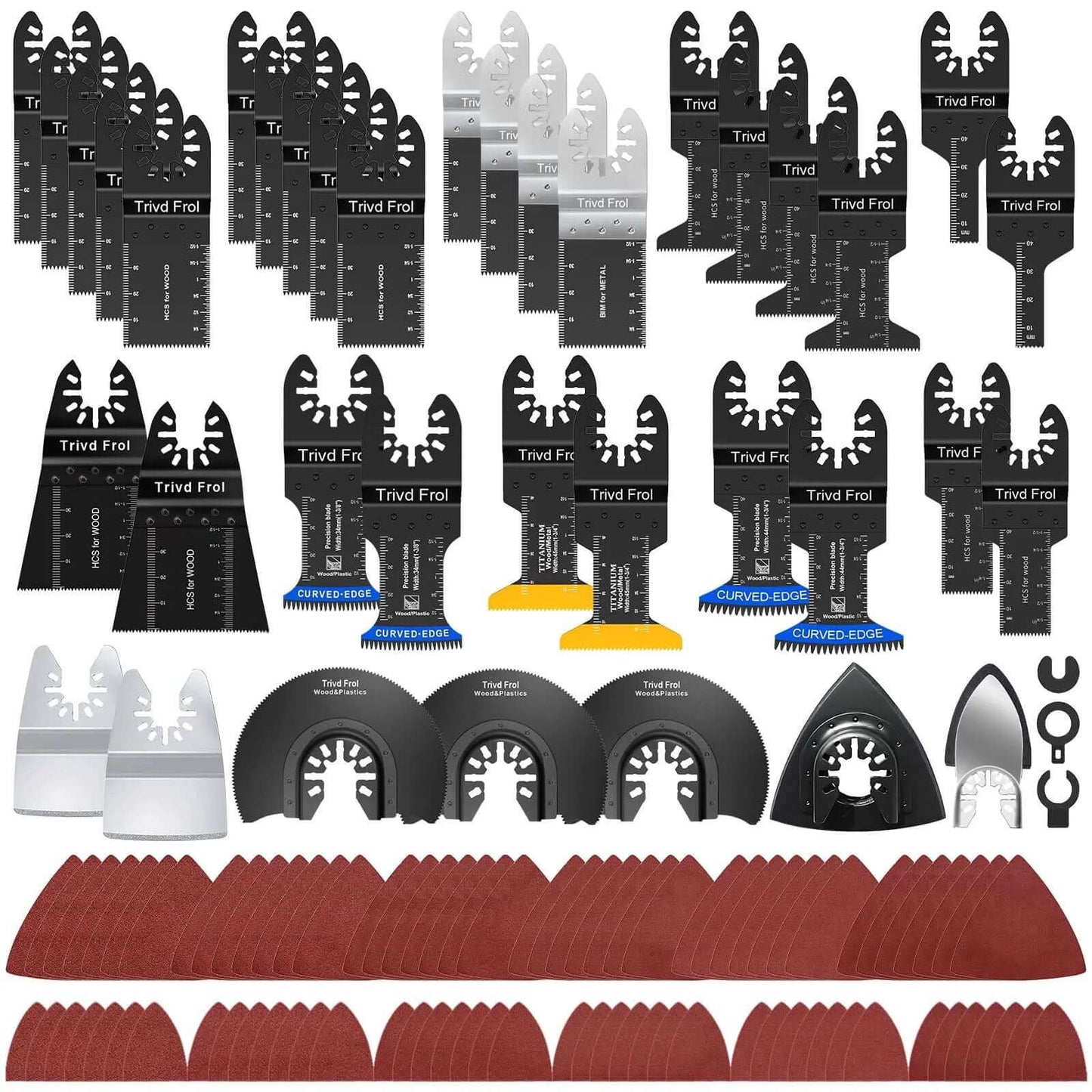 121 Pack Oscillating Saw Blades Kit All In One With Titanium Blades Sandpaper And Sanding Pads For Wood Metal And Plastic Cutting Multitool Blades Set Fits Bosch DeWalt Ryobi Milwaukee Includes HCS Bi Metal Curved Edge And Japanese Teeth