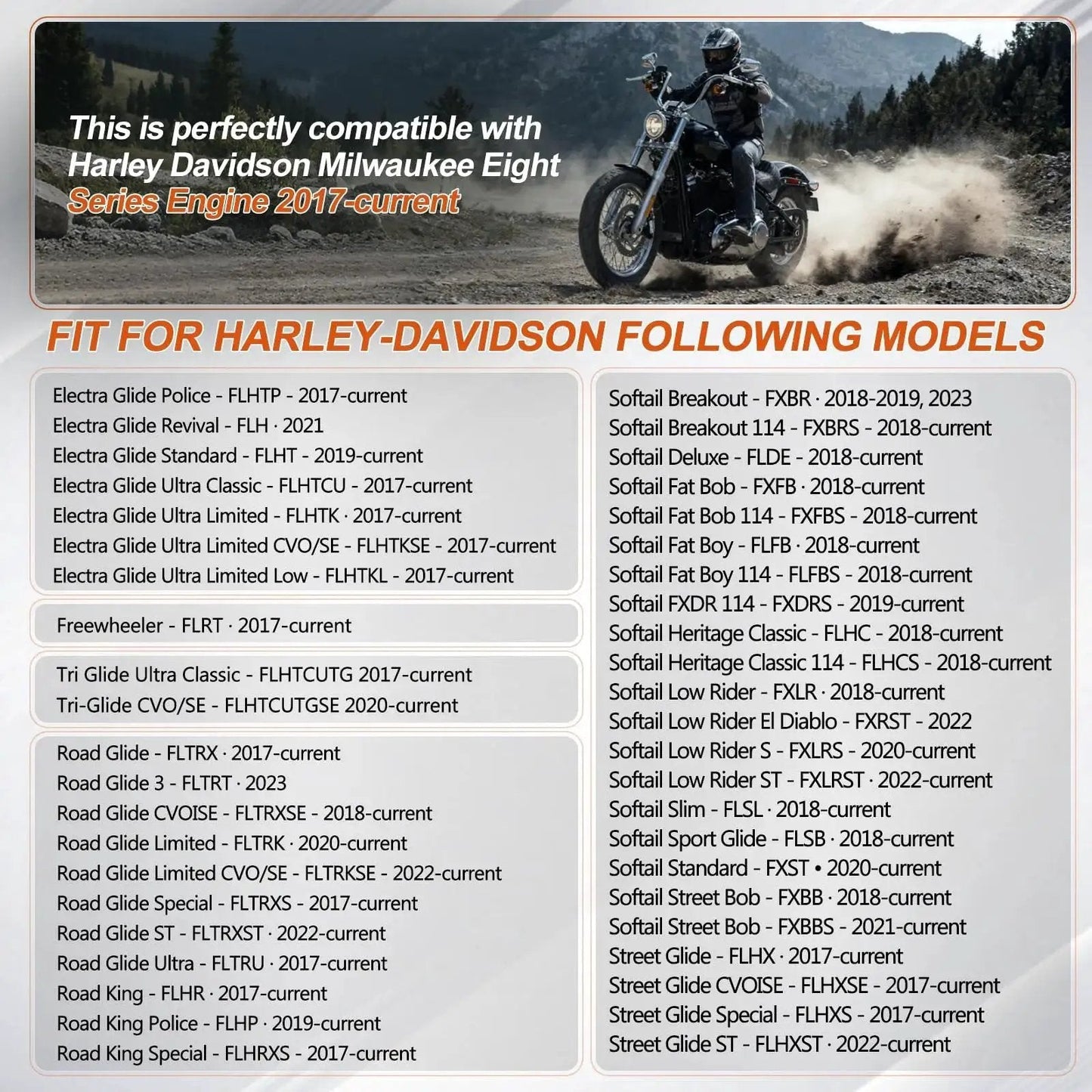 Compatibility chart and image of Harley Davidson motorcycle for Camshaft Bearing Remover And Needle Bearing Installer Tool Kit For Harley Davidson M8 Models 2007 To 2024 Replaces OEM 5806 High Precision Machined To Original Factory Specs For Easy Installation Includes All Pullers For Safe Removal.