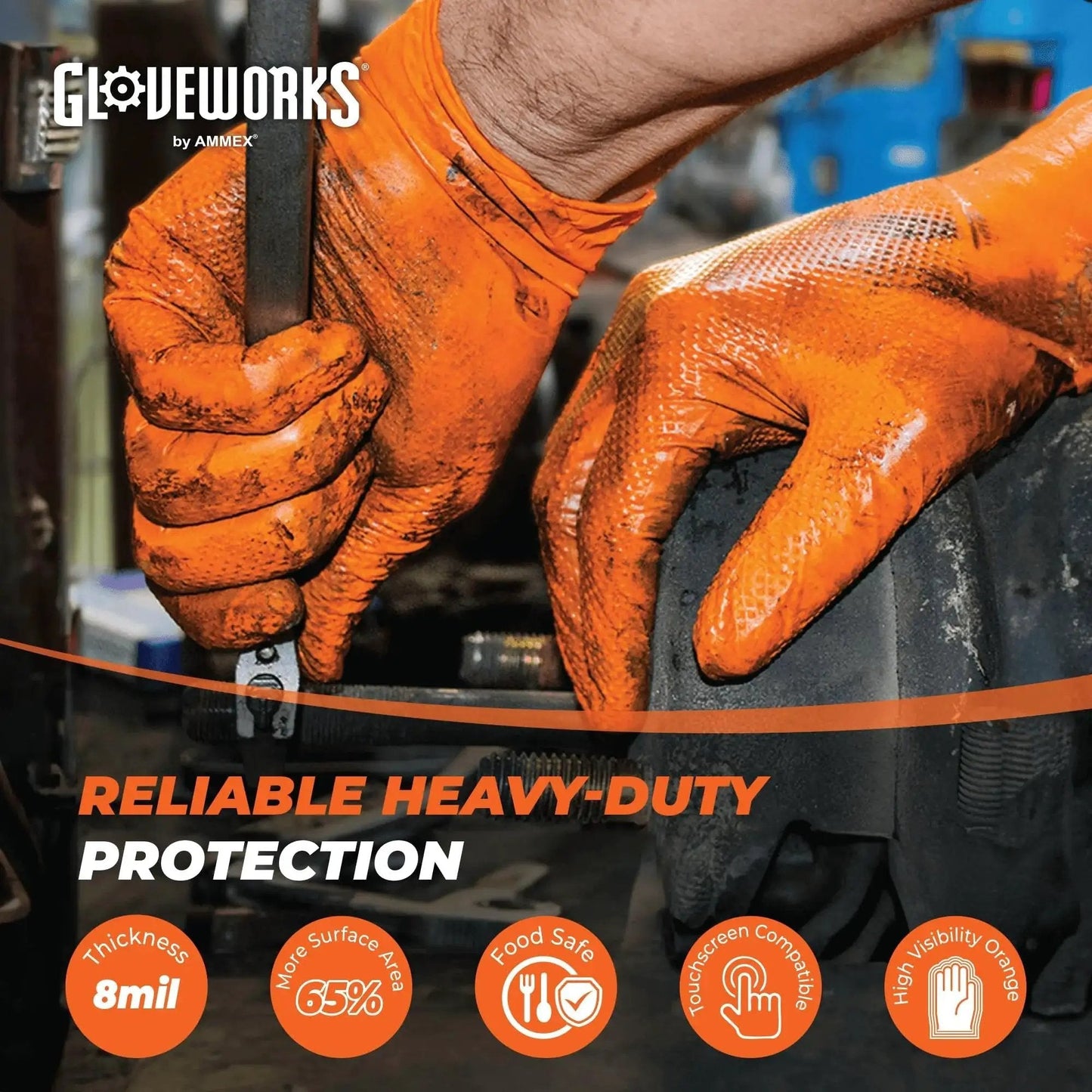 Mechanic using Orange Nitrile 8 Mil Disposable Heavy Duty Diamond Grip Mechanic Gloves XXL in a workshop setting.