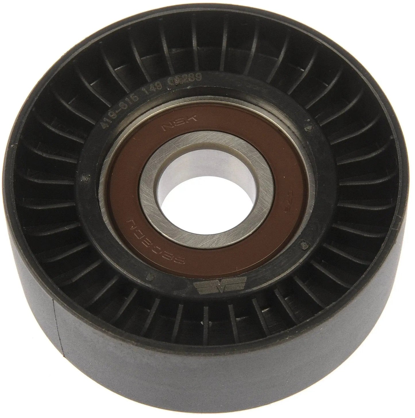 Front view of Accessory Drive Belt Idler Pulley For Select Models By Dorman 4195007 Direct Replacement To Fix Squealing And Groaning Noises