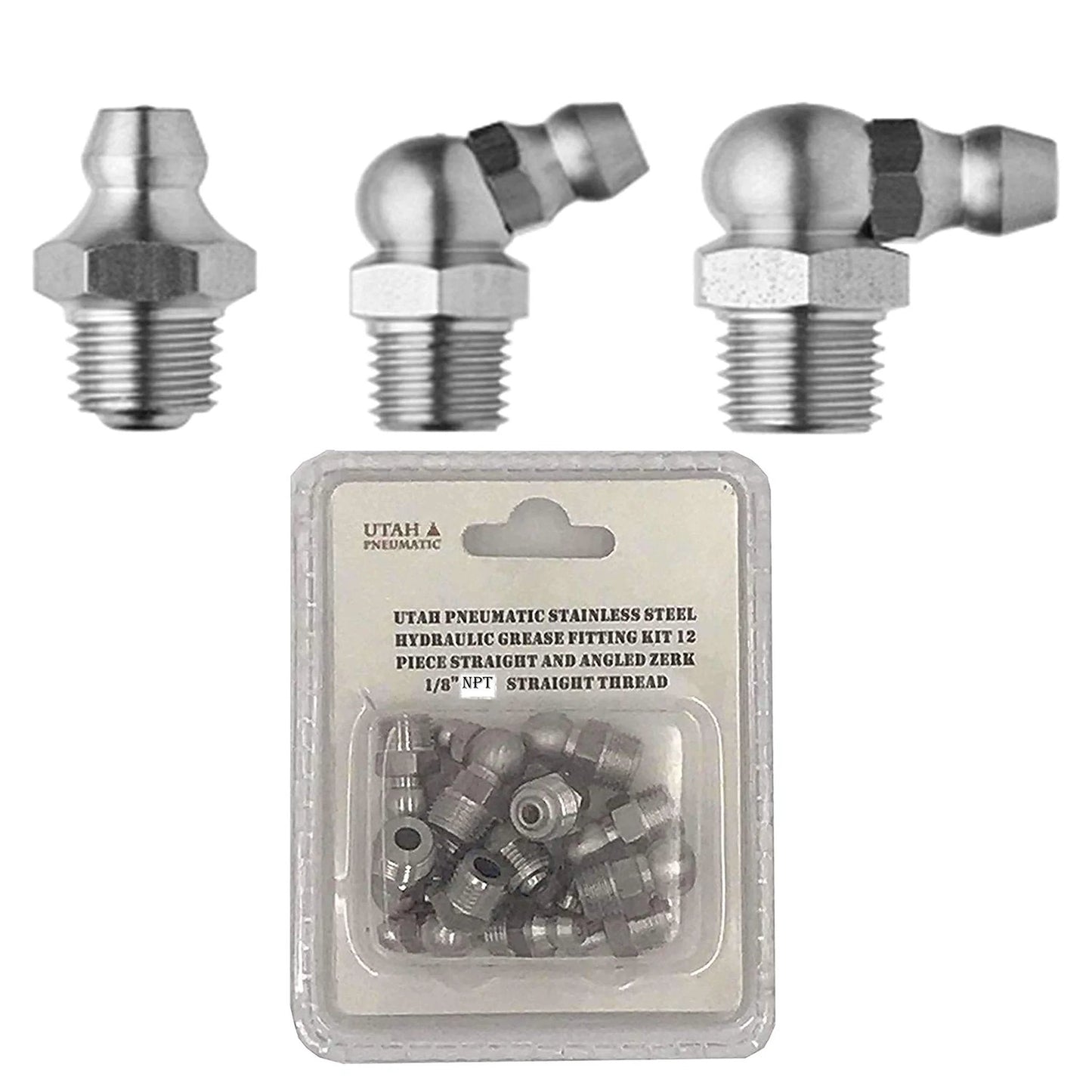 Stainless Steel 1/8 NPT Grease Fittings Kit 12 Pack With Straight 45 Degree And 90 Degree Zerk Nipples For Marine And Industrial Use