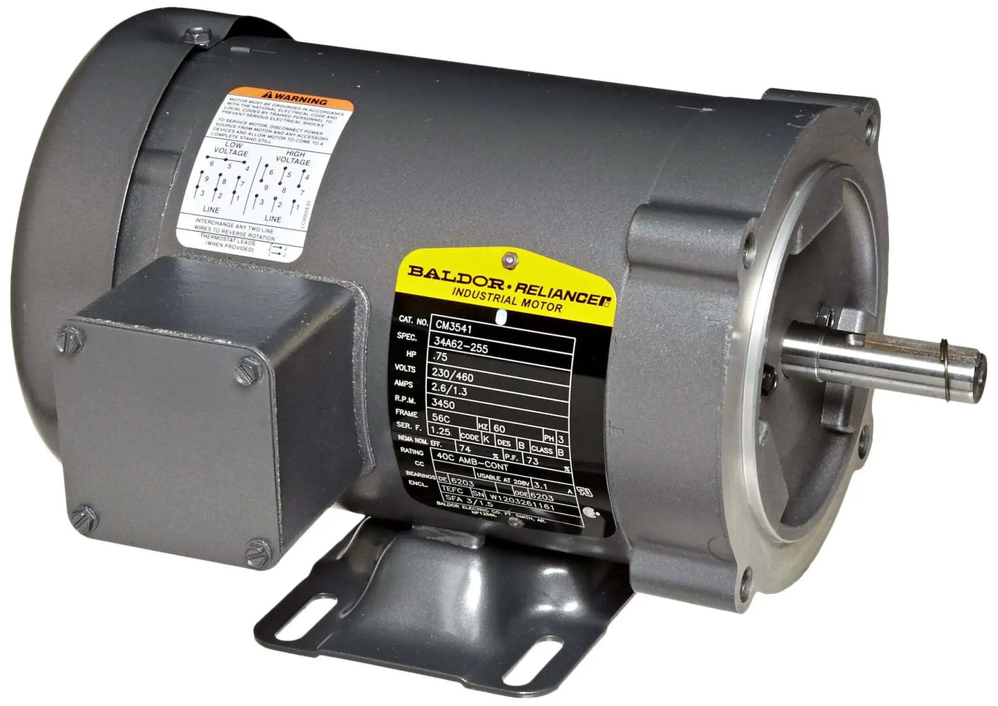 Single Unit General Purpose 3-Phase AC Motor, 3/4 HP, 56C Frame TEFC Enclosure, 3450 RPM 60Hz, Dual Voltage 230/460V, sealed ball bearing