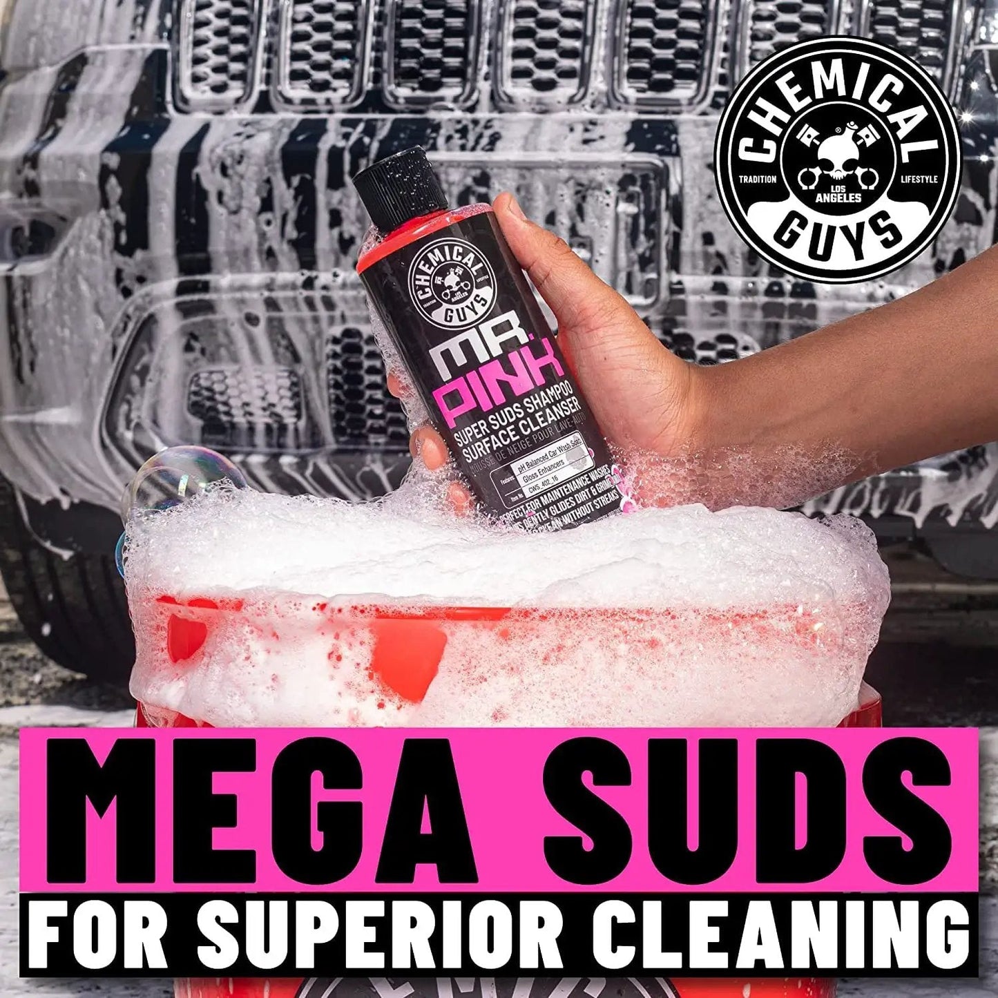 Mr Pink Foaming Car Wash Soap for Foam Cannons and Buckets, Safe for Cars Trucks Motorcycles RVs, Candy Scent, 473 ml by Chemical Guys, in a soapy bucket.