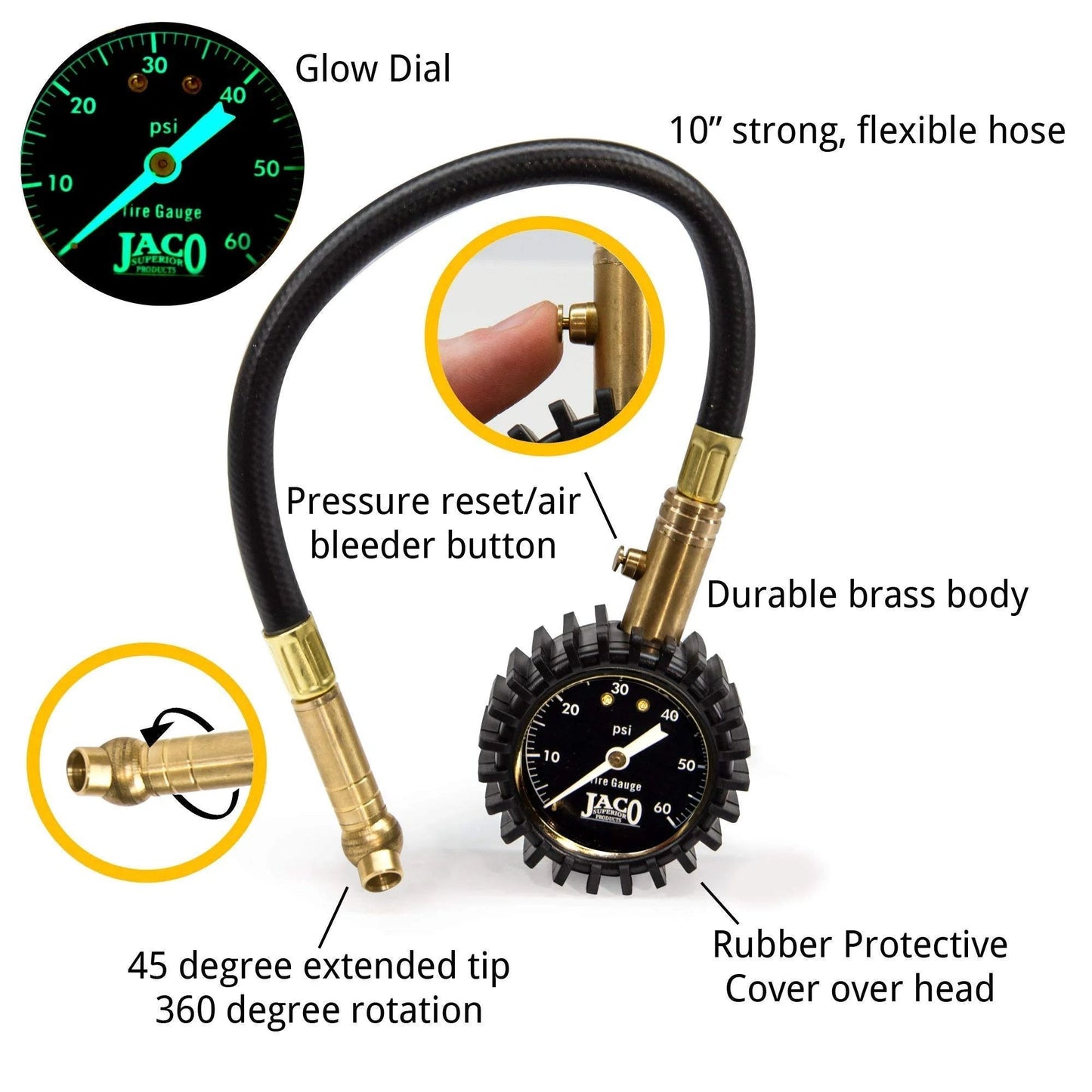 Rugged Brass Tire Pressure Gauge ElitePro 60 PSI with glow dial and flexible hose for precise tire checks, battery-free.