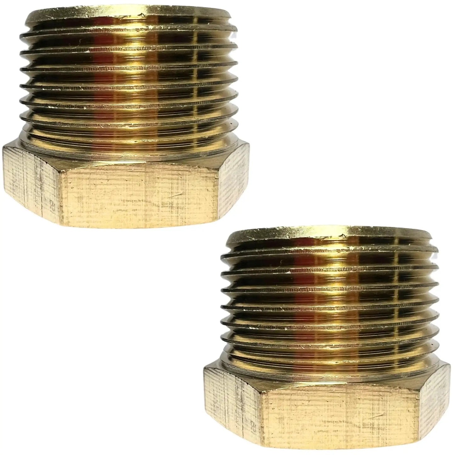Two Pack Brass Reducer Hex Bushing Adapter Three Quarters Inch Male NPT To One Quarter Inch Female NPT Fittings Leak Resistant Durable Brass