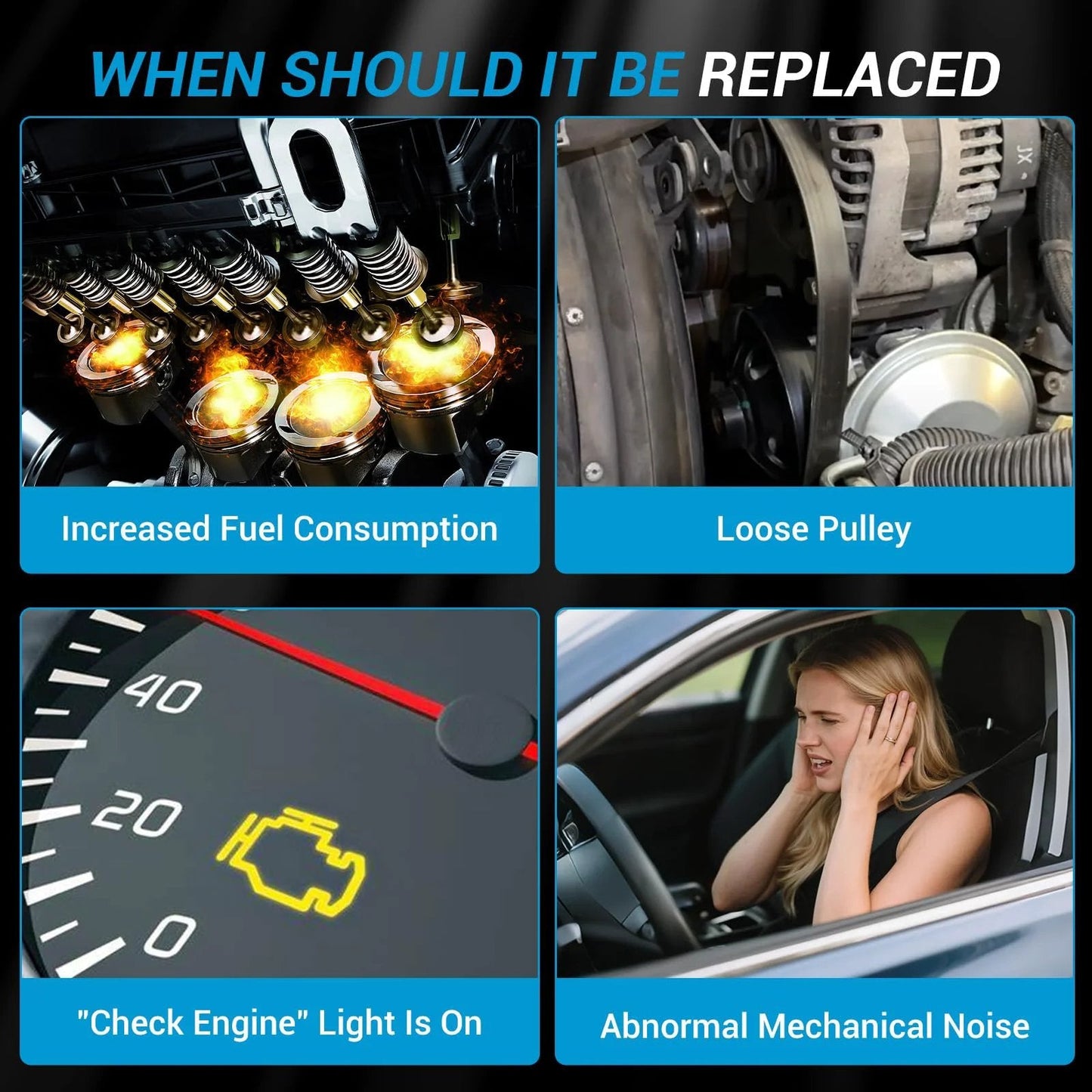 Four diagnostic illustrations: engine internals, pulley view, check engine light, and person reacting to vehicle noise.
