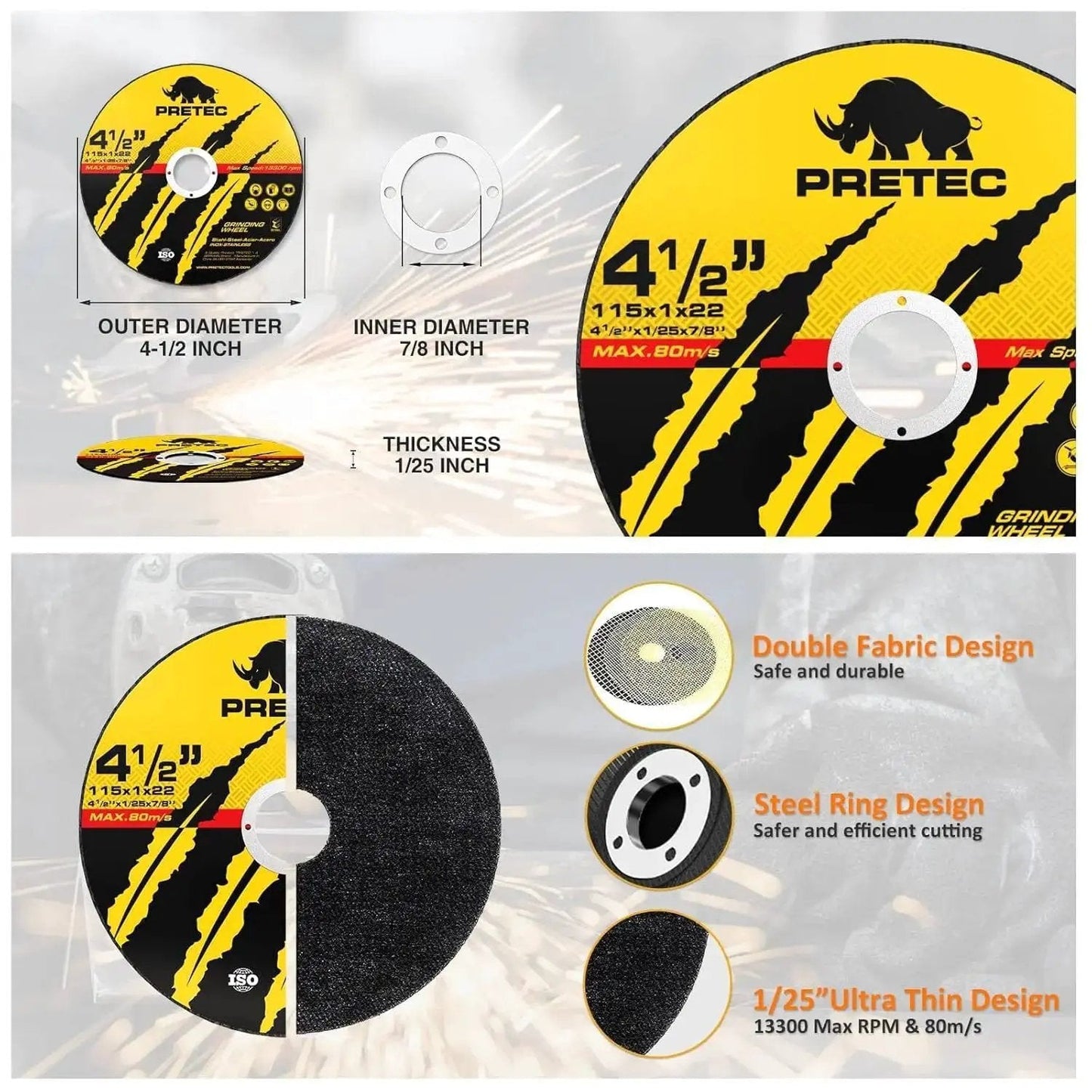 Cut Off Wheel Set 4-1/2 Inch For Angle Grinders 7/8 Inch Arbor Thin Metal Cutting Discs For Fast Cuts In Steel Stainless And Aluminum 50 And 5 Pack PRETEC High Speed 13300 RPM