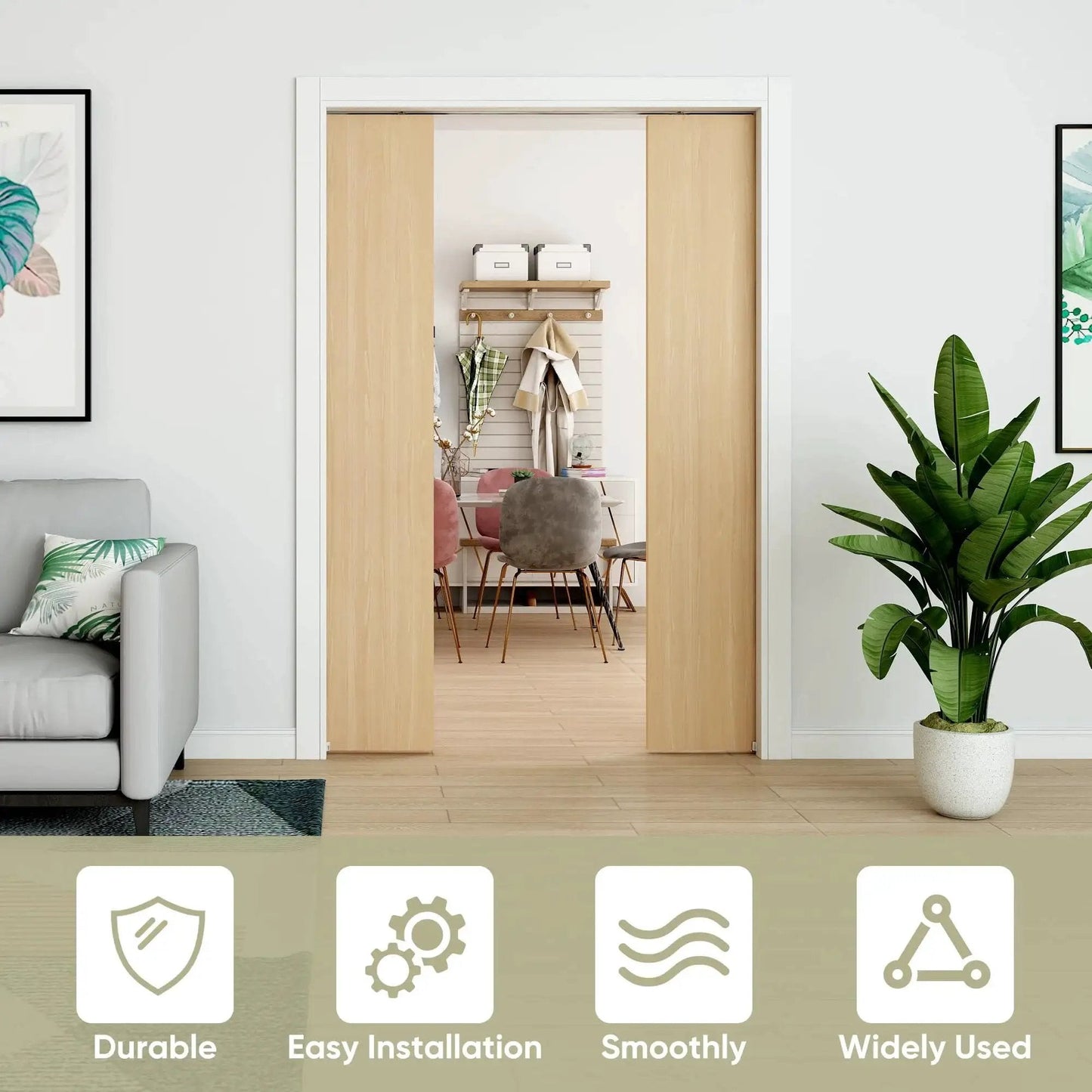 Concealed Sliding Pocket Door Track Kit With 12 Foot Dual Rail System for double doors installed in living room.
