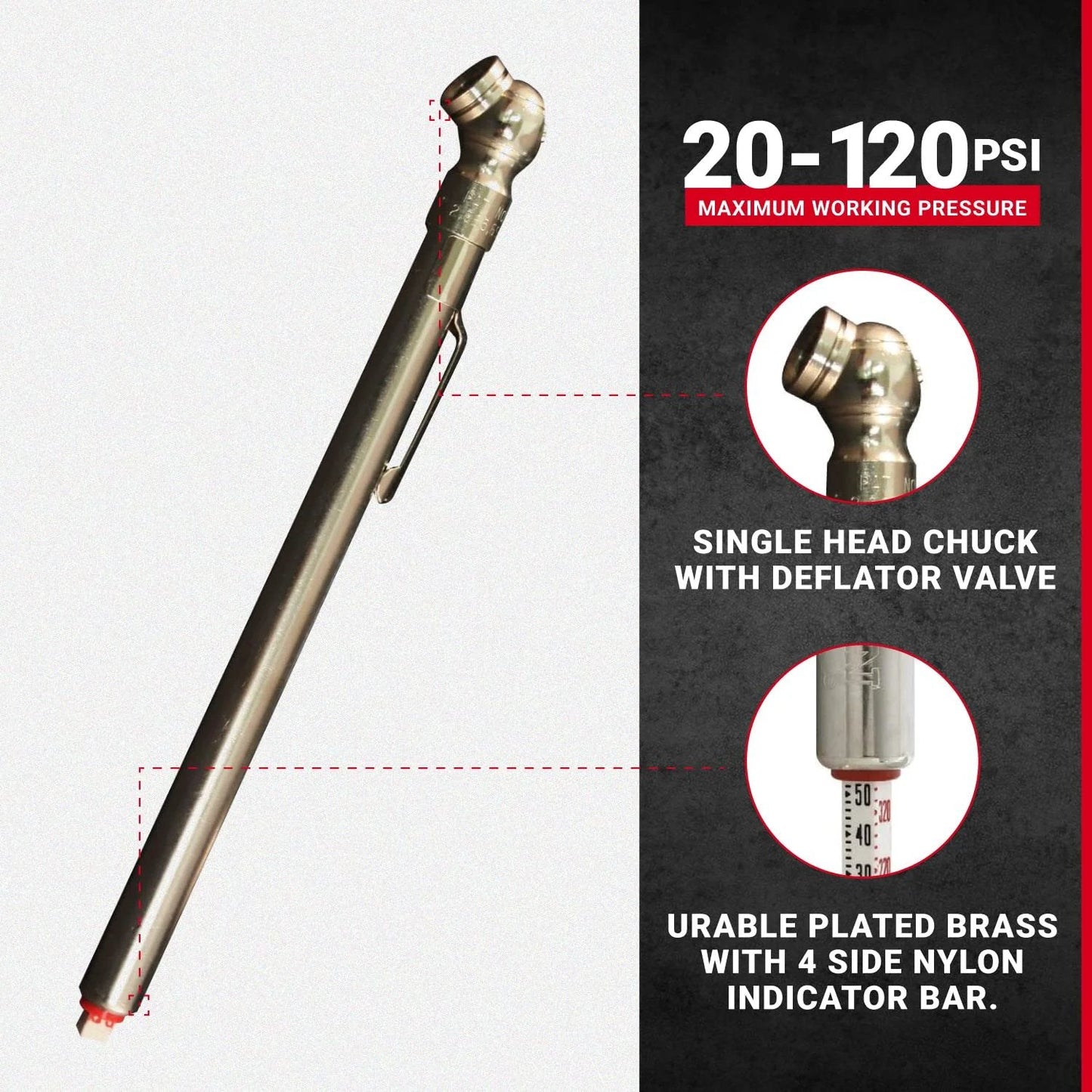 Pencil Tire Pressure Gauge For Trucks, RVs, And Bikes With Built In Deflator Valve, 20 To 120 PSI Range, Durable Plated Brass