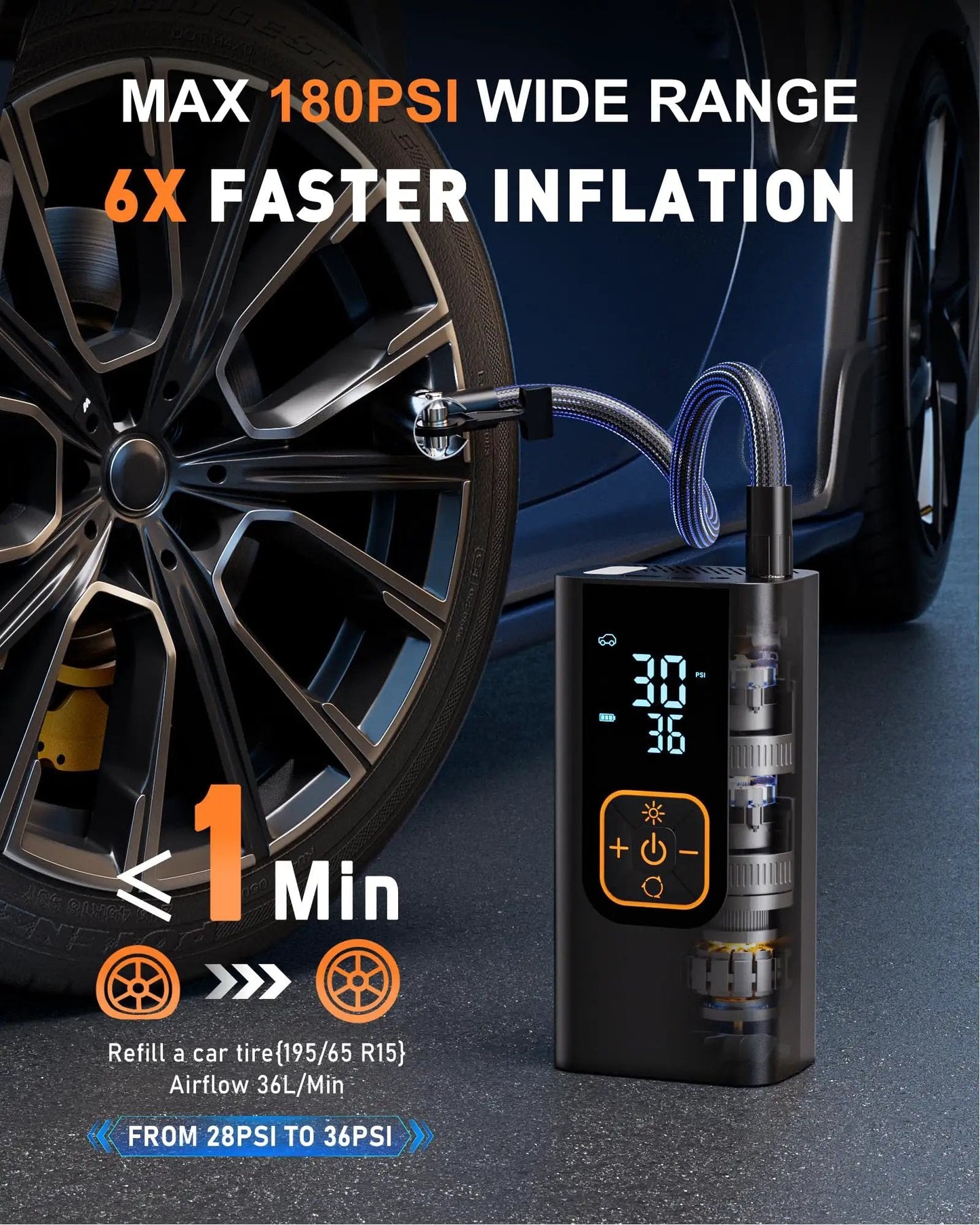 Portable Tire Inflator With 180 PSI Digital Gauge For Cars, Motorcycles, Bikes, And Balls, 12V DC Power, LED Light, Fast 6X Inflation, Compact Air Compressor next to a tire, showing digital gauge and nozzle.