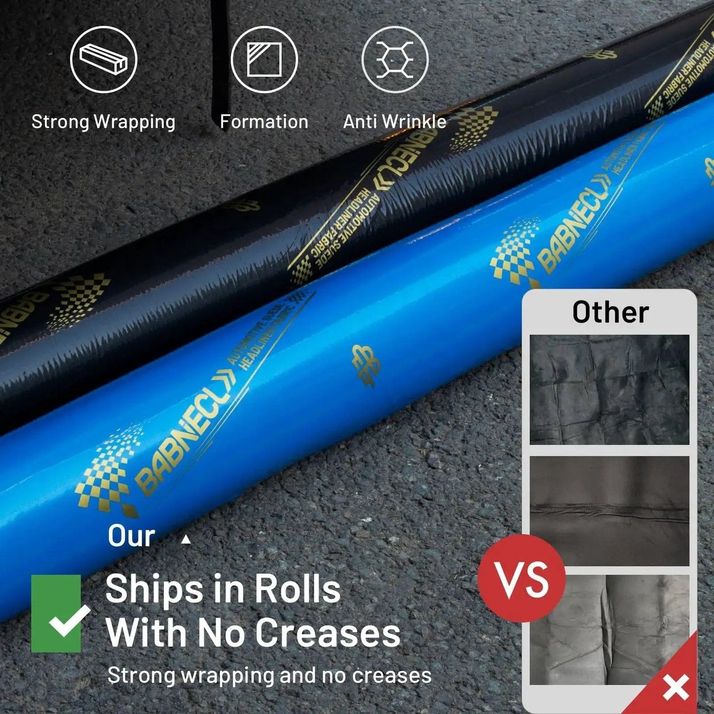 Suede Headliner 98 By 58 With Foam Backing Tube Packaging For Vehicle Interior shown in blue and black tube packaging