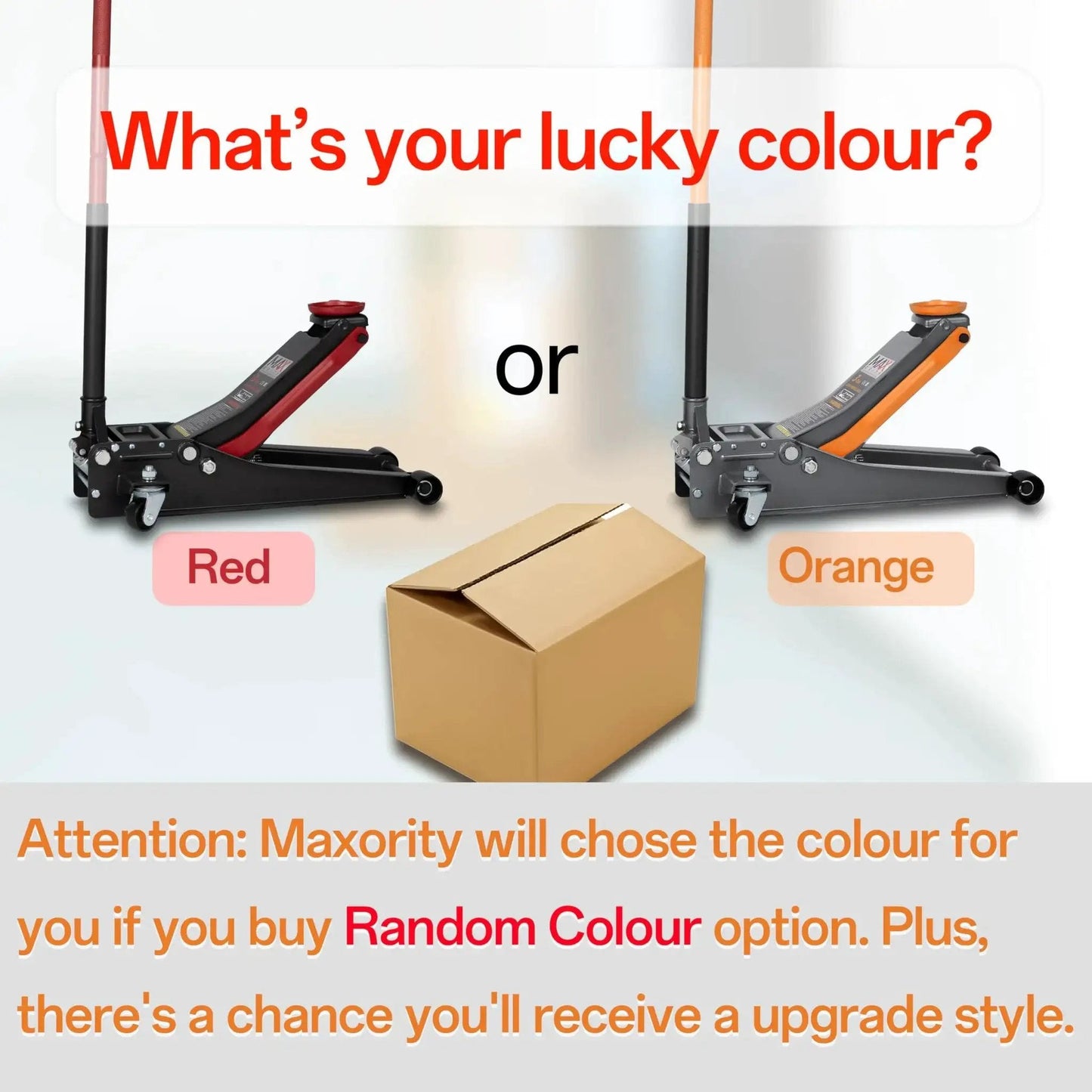 Red and orange Low Profile 3 Ton Hydraulic Floor Jacks With Dual Pistons And Quick Lift displayed with cardboard box