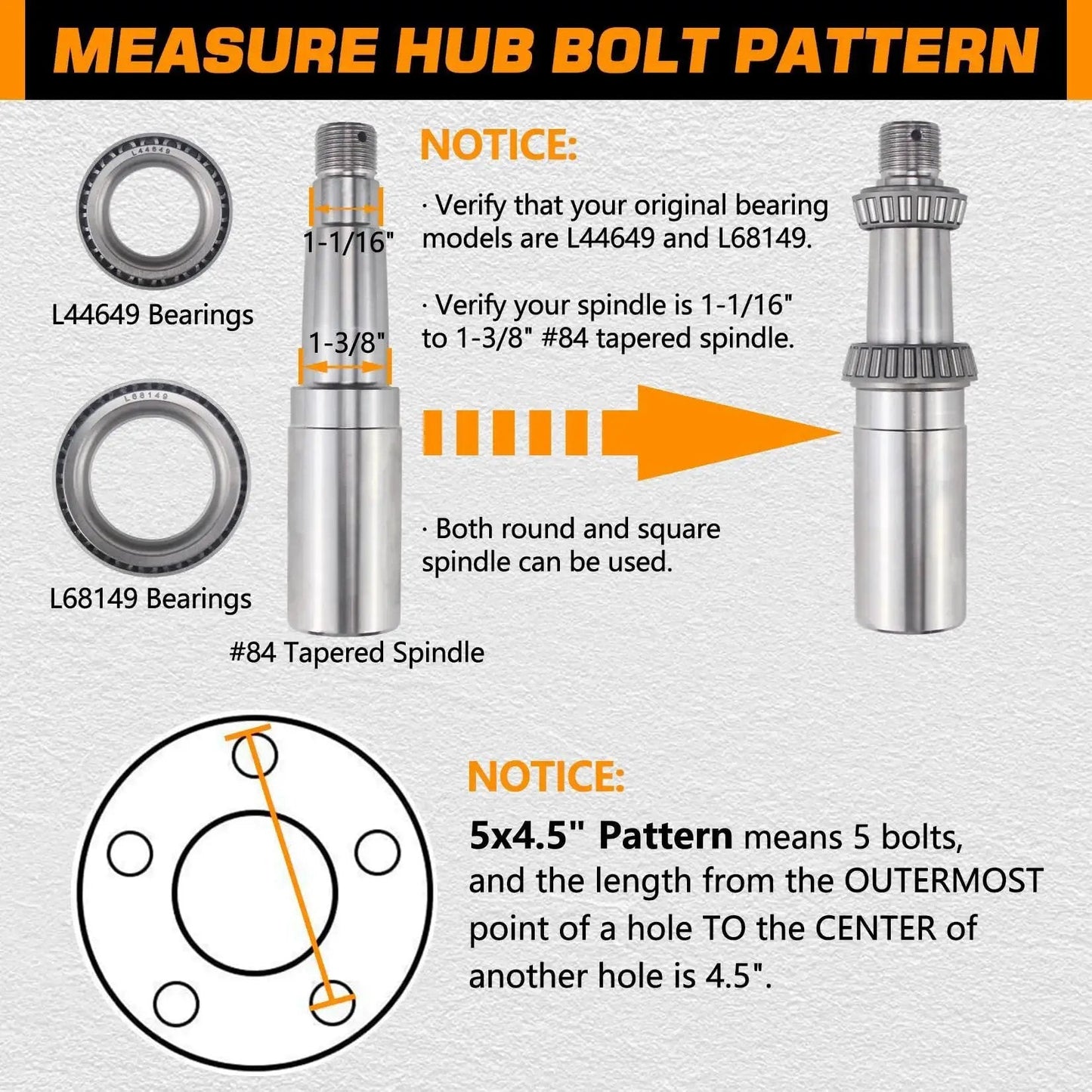 Diagram showing 5 On 4.5 Inch Galvanized Trailer Hub Kit components with bearings L44649 and L68149, spindle sizes 1-1/16 to 1-3/8 inch.