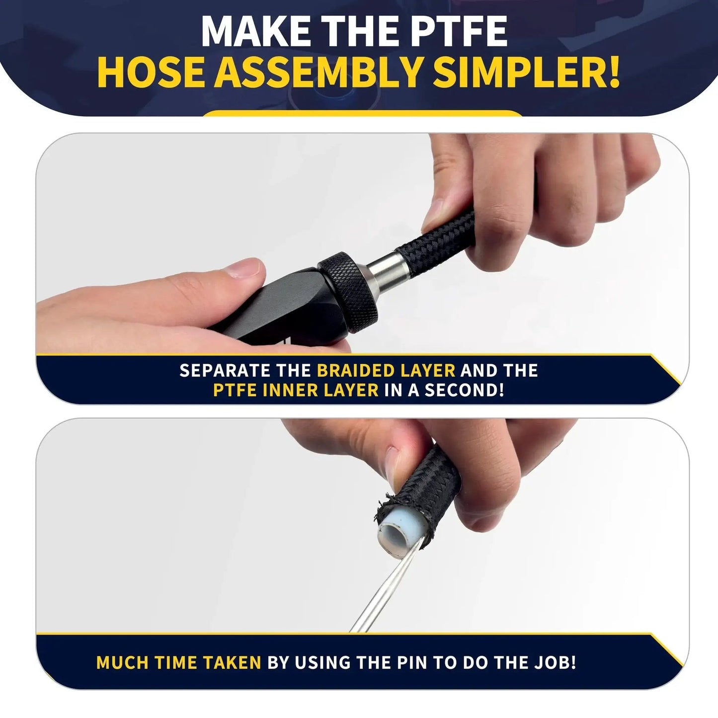 PTFE Hose Reaming Tool And AN Fittings Wrench Set For 4AN To 10AN Fuel Line showing hose separation process