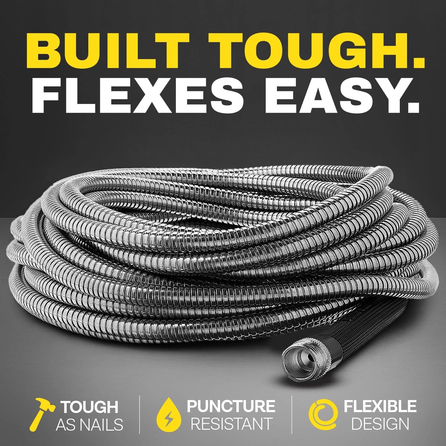 Heavy Duty 10 Ft Hose Extensions For Garden Hose Reel, Five Eighth Inch Connector, Leak Proof, Non Kinking, Flexible Hose Extension With Brass Fittings Bionic Steel coiled on a surface.