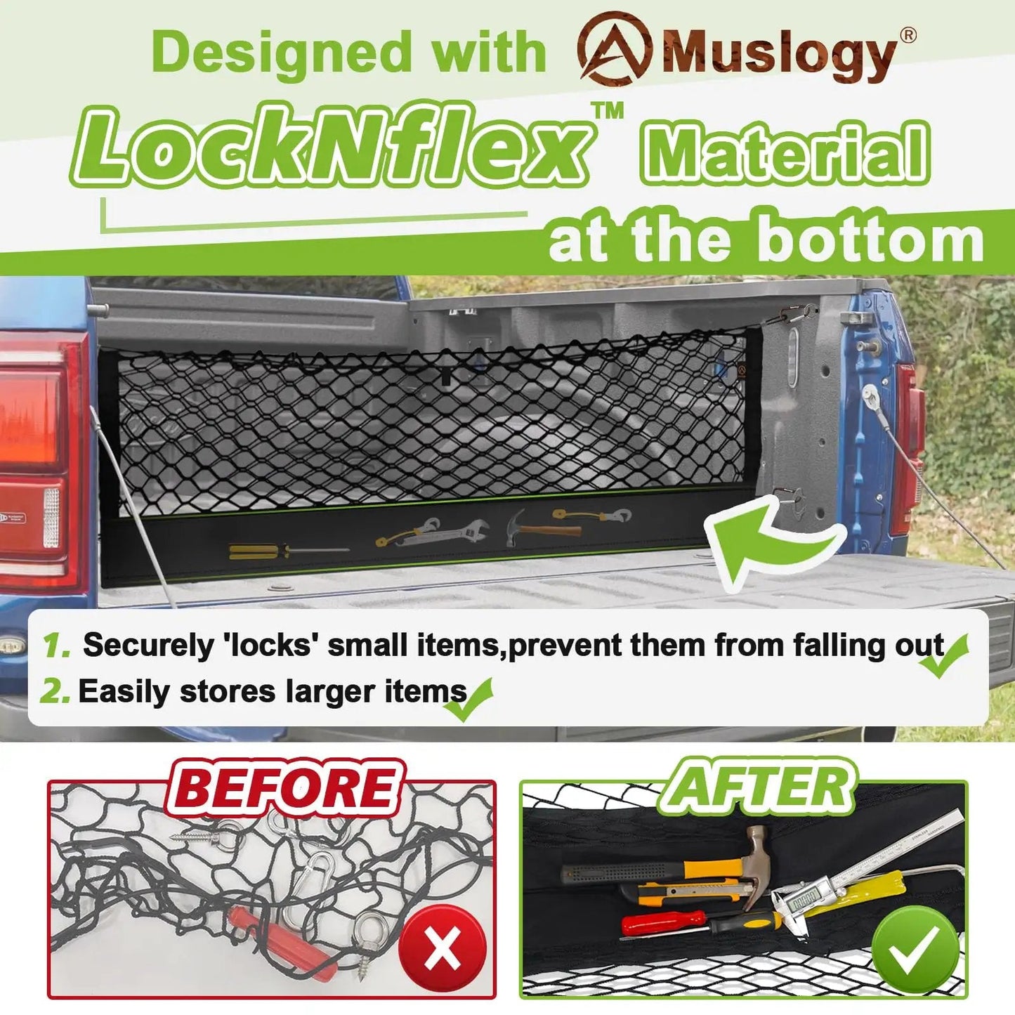 Truck Bed Cargo Net For Chevy Silverado And GMC Sierra 2019 To 2025 Custom Fit Envelope Style Storage Organizer With Heavy Duty Carabiners And LockNflex Material installed in truck bed, showing secure item storage.