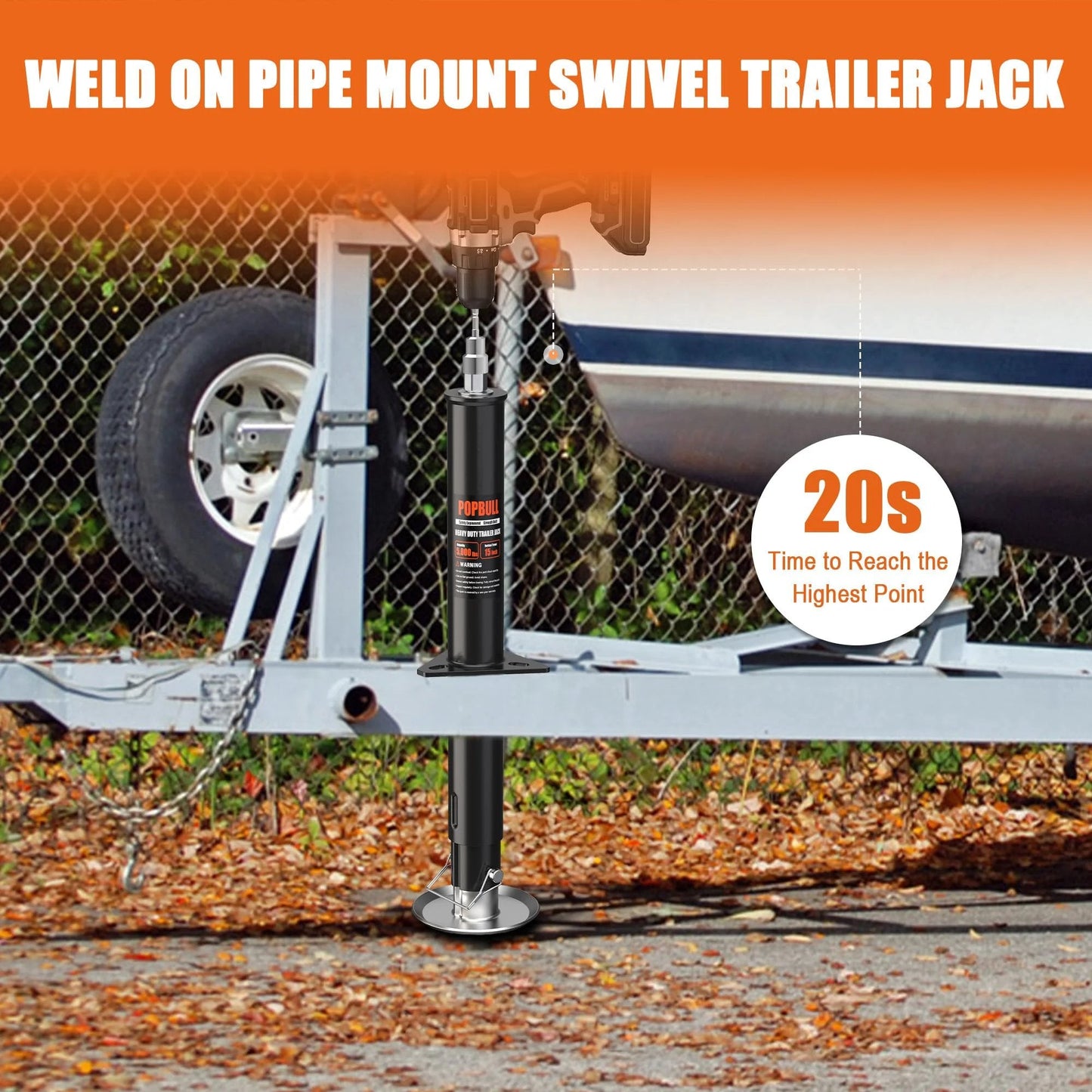 Weld on pipe mount swivel trailer jack installed on trailer with wheel in view, metal construction, 20s lift time indicated.